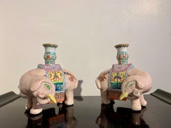 Pair Chinese Export Famille Rose Enameled Elephant Candle Holders, Early 20th C
