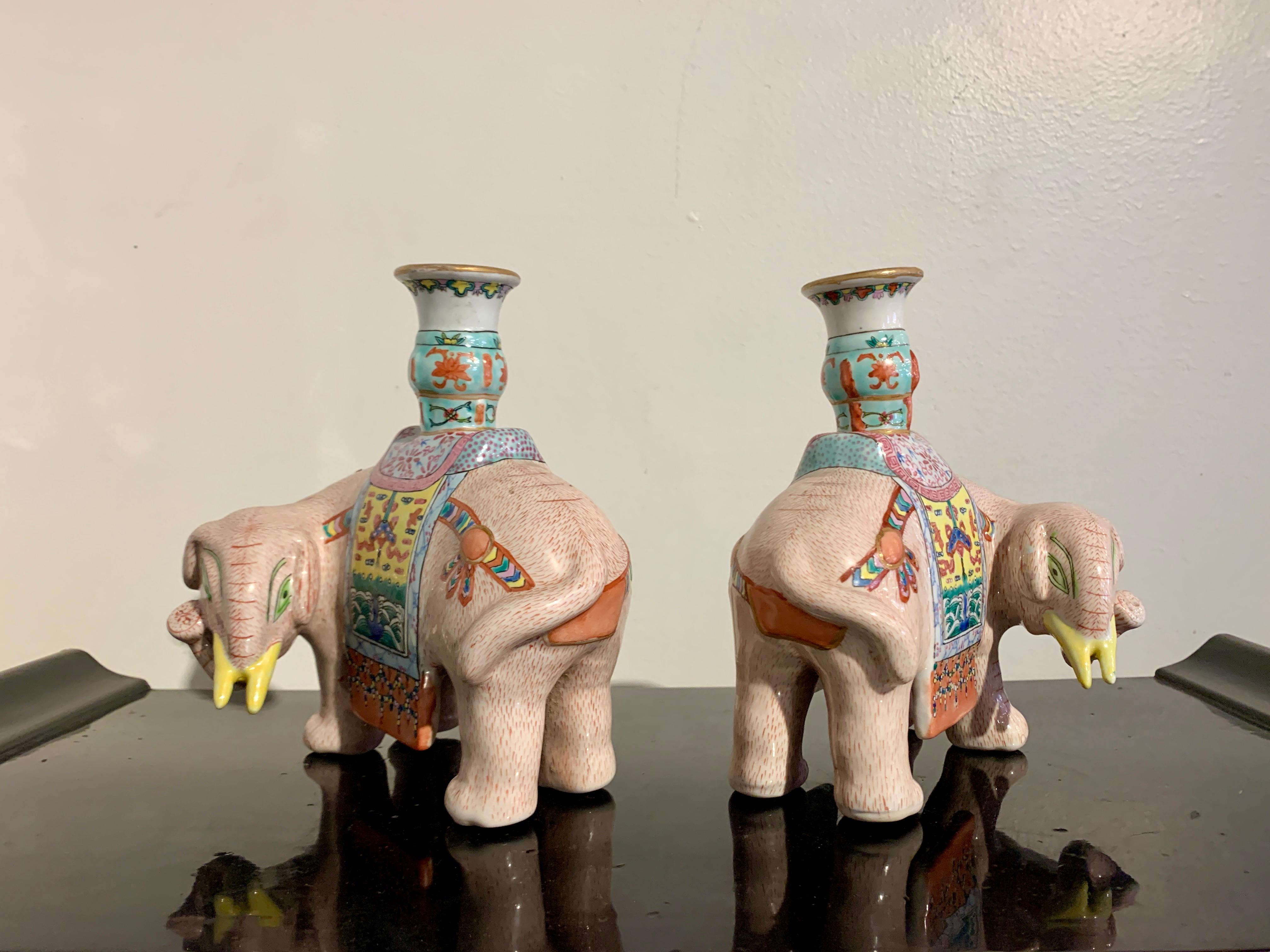 Pair Chinese Export Famille Rose Enameled Elephant Candle Holders, Early 20th C In Good Condition For Sale In Austin, TX