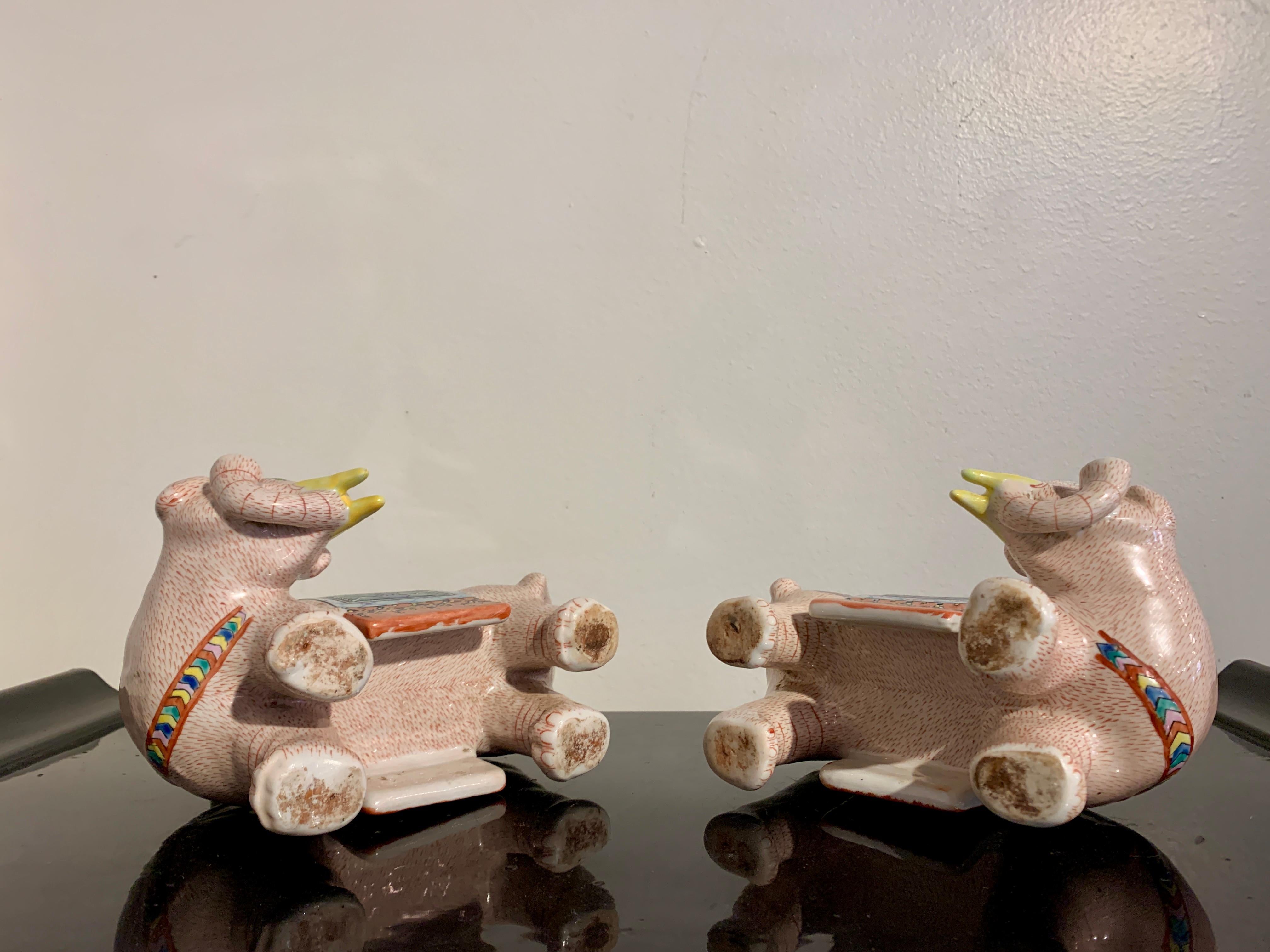 20th Century Pair Chinese Export Famille Rose Enameled Elephant Candle Holders, Early 20th C For Sale