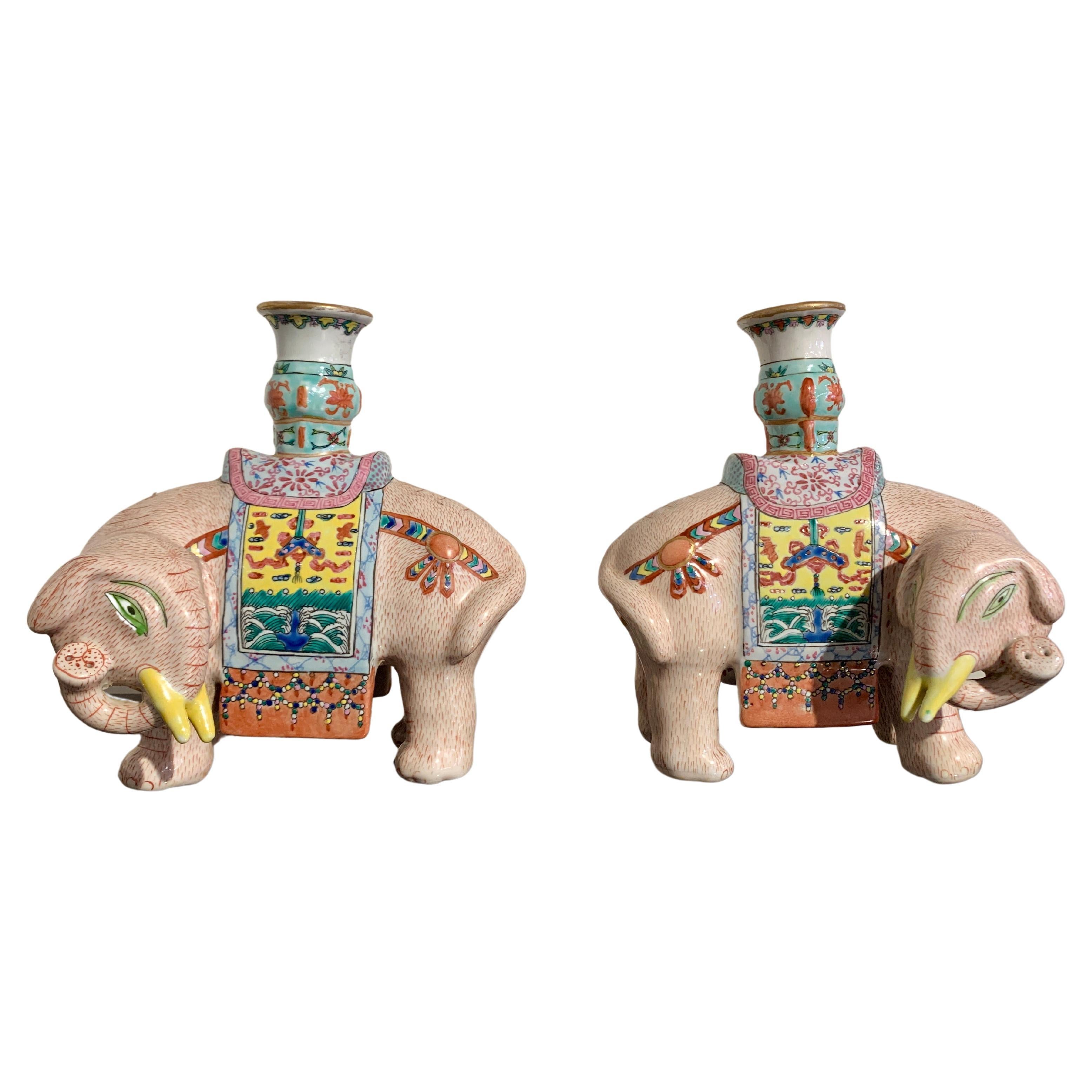 Pair Chinese Export Famille Rose Enameled Elephant Candle Holders, Early 20th C