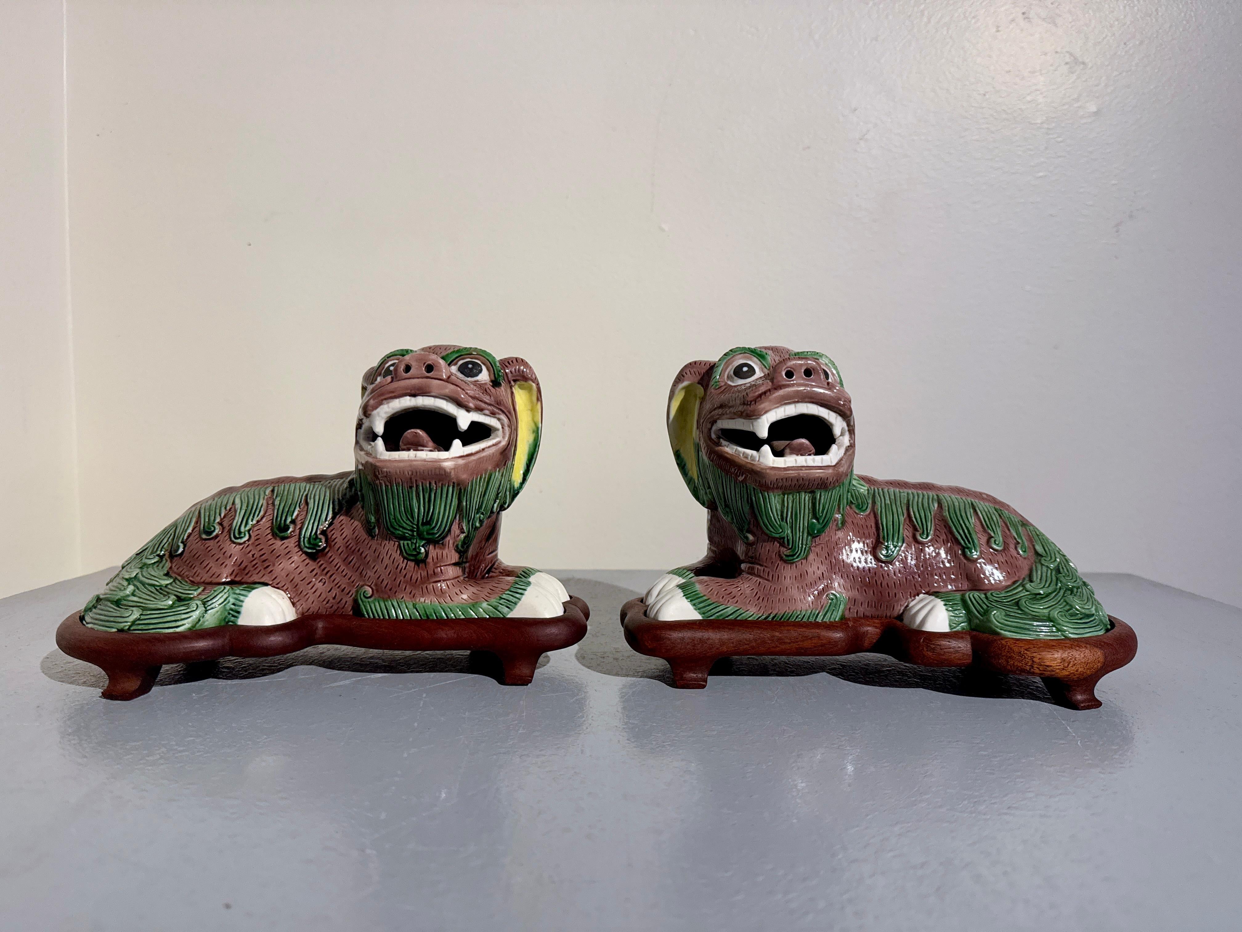 Un'affascinante e deliziosa coppia di leoni o cani foo reclinati in porcellana cinese d'esportazione, porcellana biscuit smaltata famille verte e supporti in legno duro intagliato, metà del XX secolo o prima, Cina. 

La coppia specchiata di leoni o