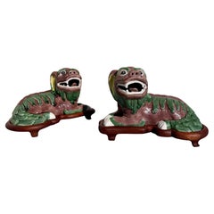 Pair Chinese Export Famille Verte Biscuit Porcelain Foo Lions, mid 20th Century