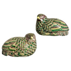 Antique Pair Chinese Export Famille Verte Porcelain Quail Boxes, Late Qing Dynasty