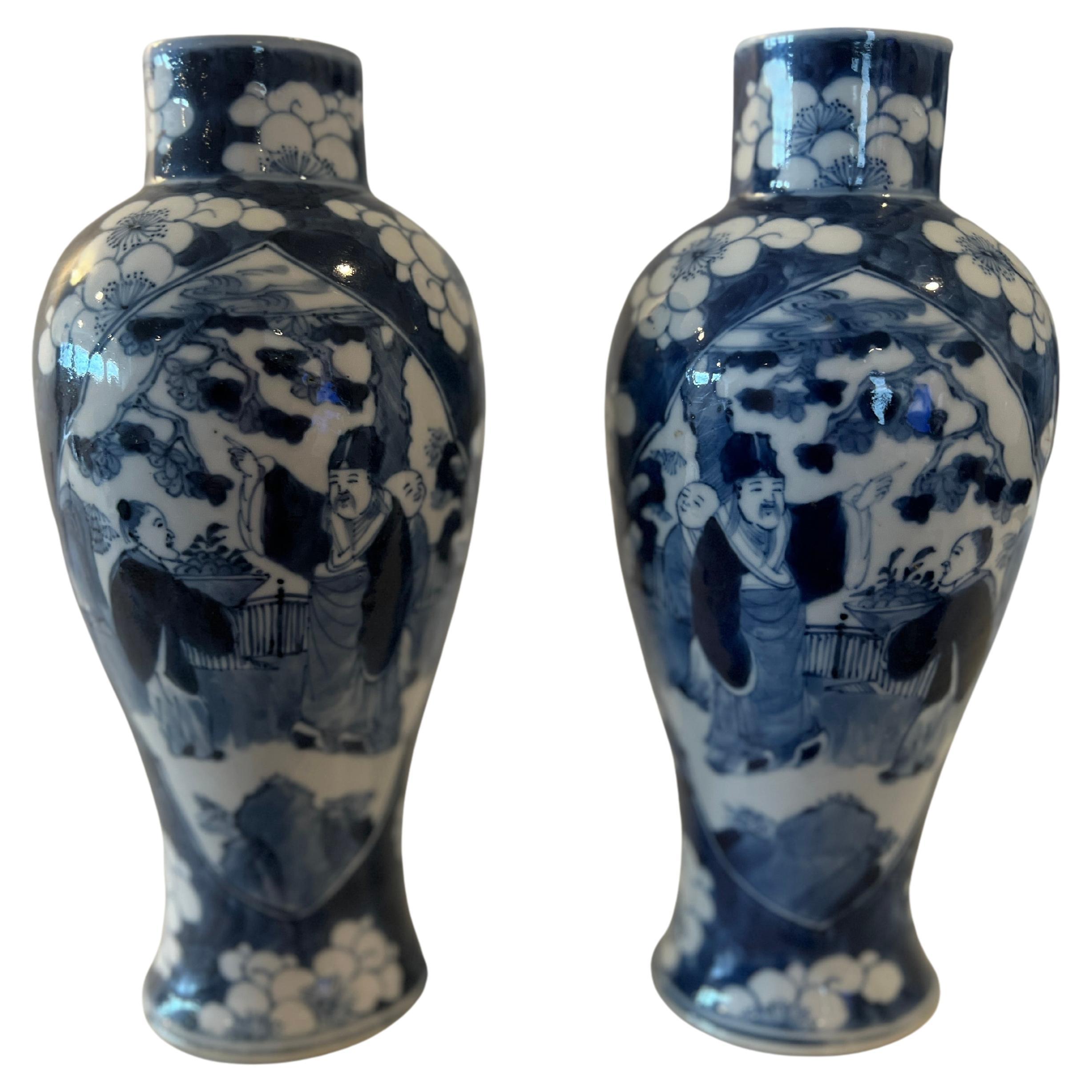 Pair, Chinese Export Figural Blue & White Hongxian Porcelain Vases C. 1915 For Sale