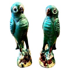 Pair Chinese Export Green Parrots