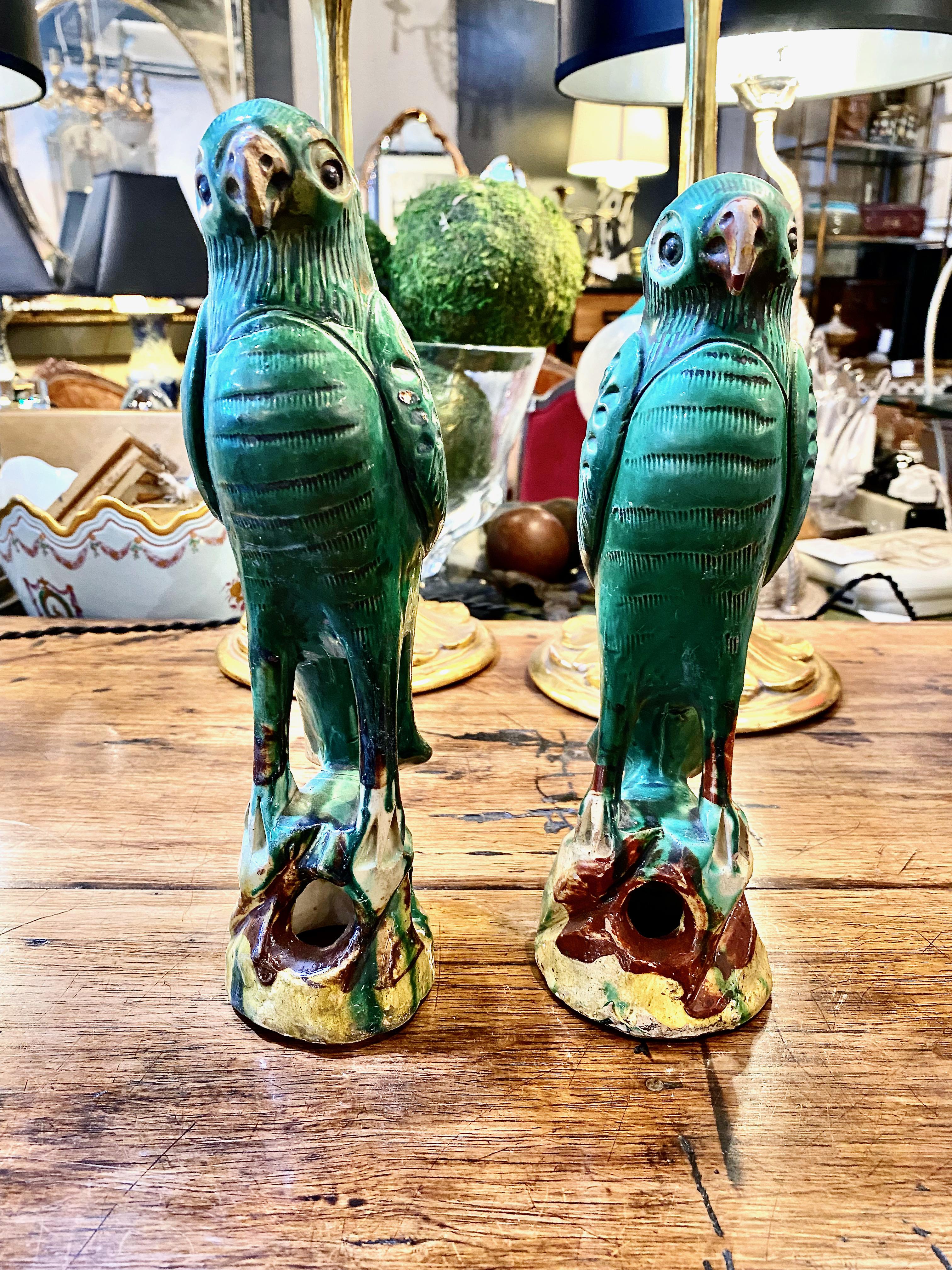 Molded Pair Chinese Export Green Parrots For Sale