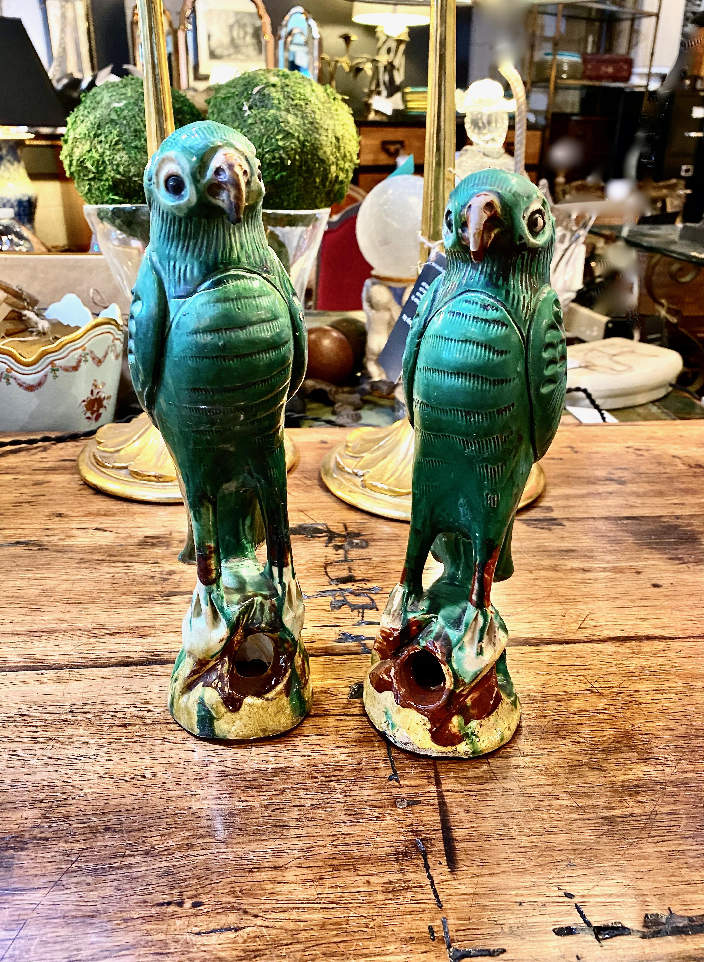 Pair Chinese Export Green Parrots In Good Condition For Sale In Pasadena, CA