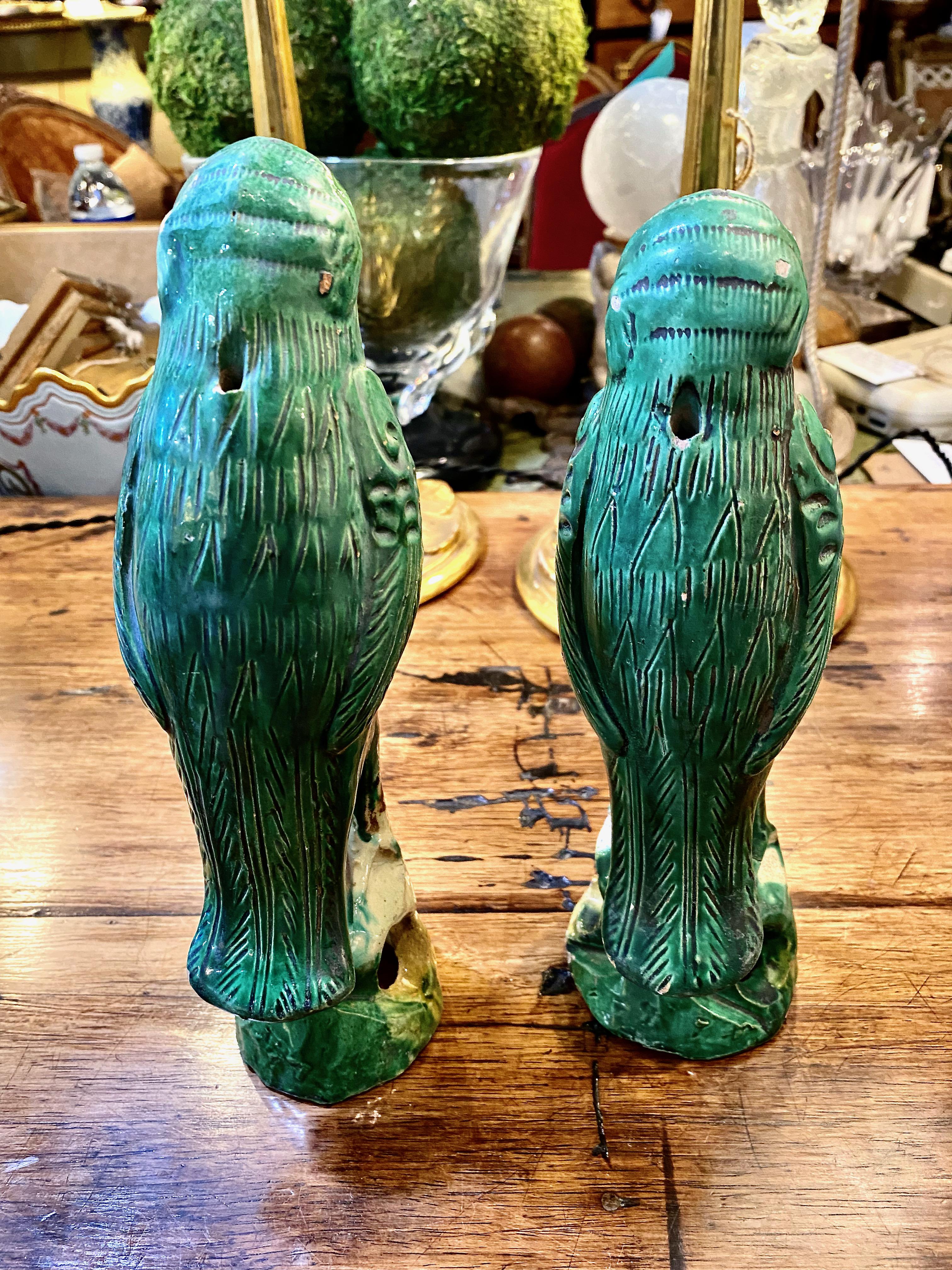 19th Century Pair Chinese Export Green Parrots For Sale
