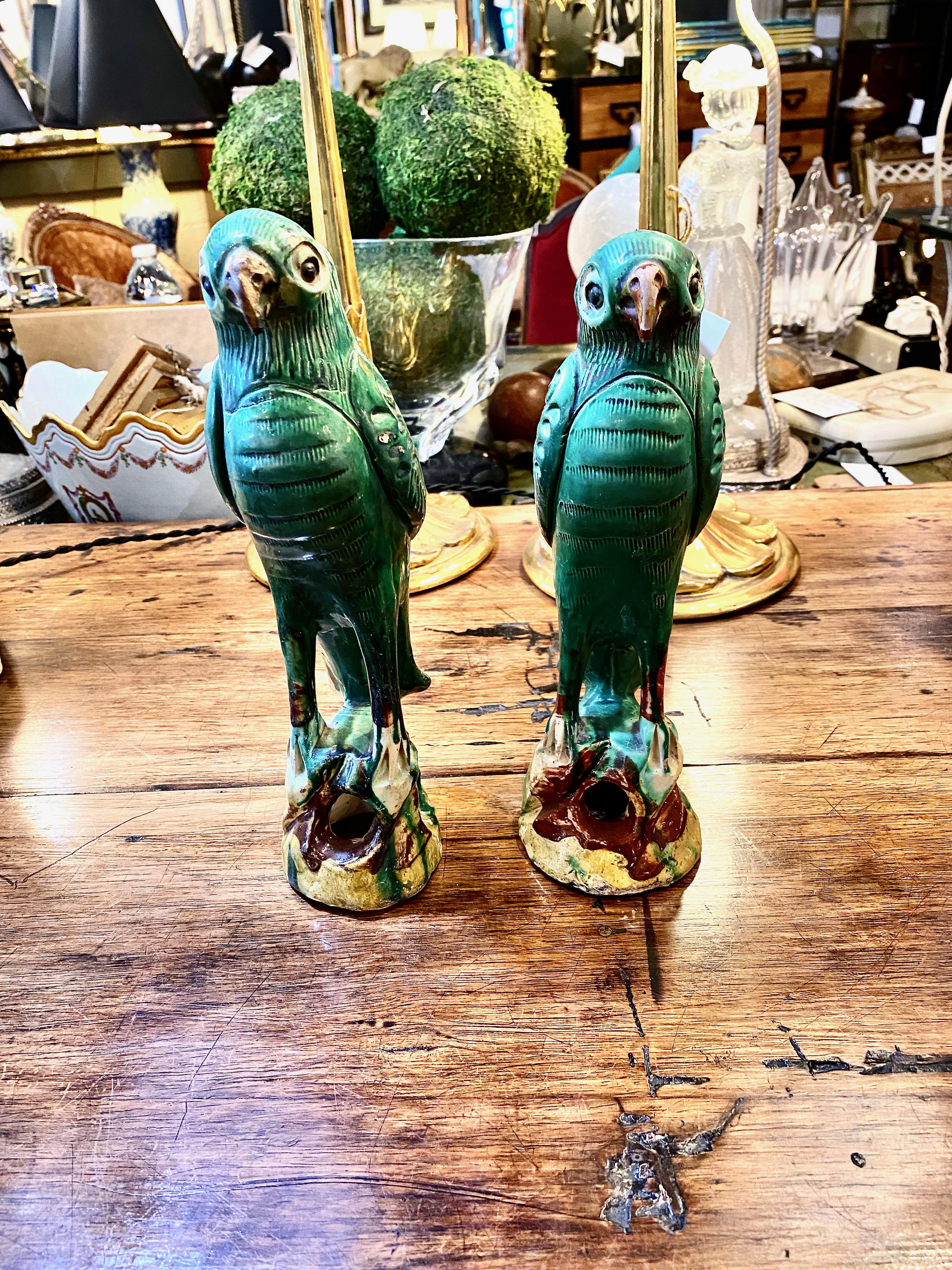 Pair Chinese Export Green Parrots 2