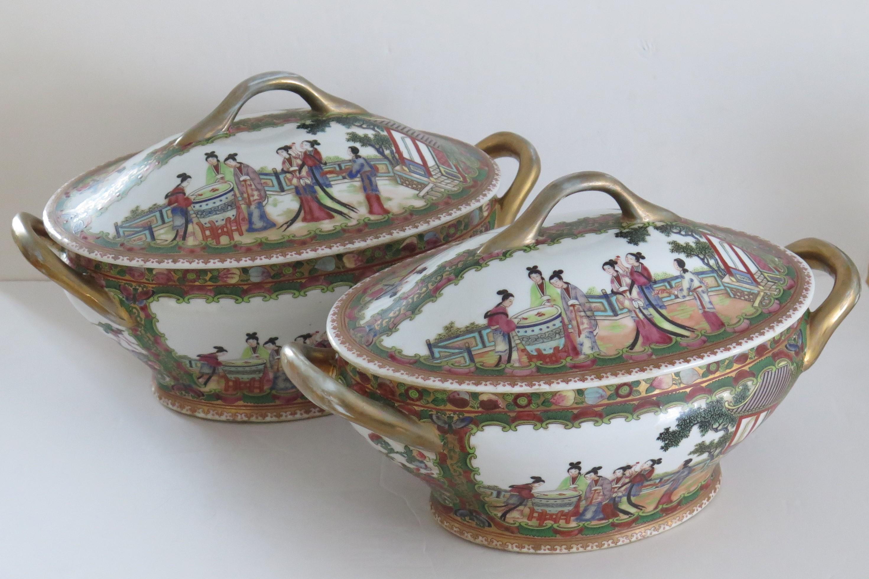 These are an outstanding PAIR of Chinese Export Porcelain Large Lidded Tureens, beautifully hand painted. 

These high quality Tureens are very finely hand painted in great detail. 

The patterns show groups of ladies in different outdoor scenes
