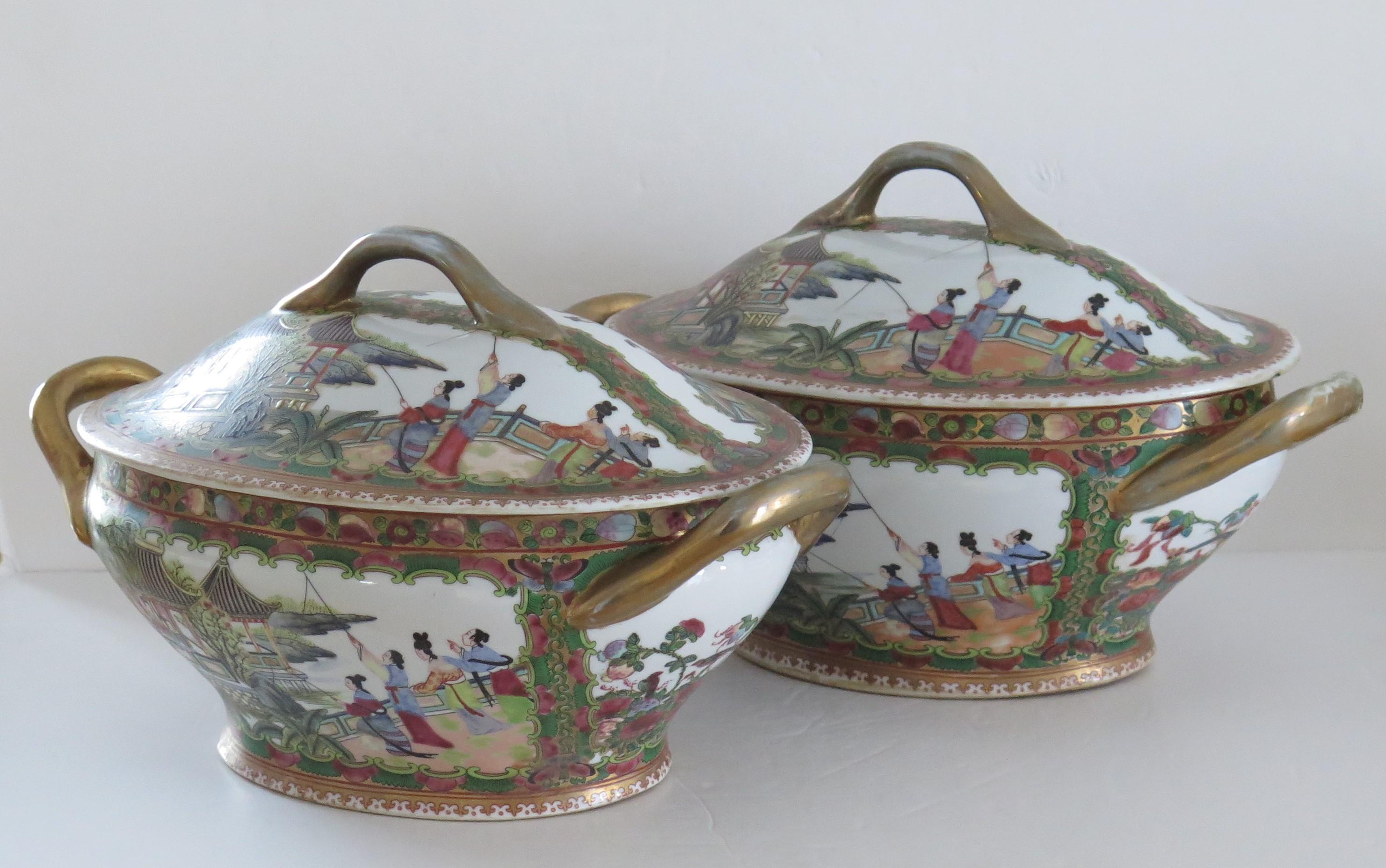 Hand-Painted PAIR Chinese Export Large Tureens Porcelain Famille Rose Finely Hand Painted For Sale