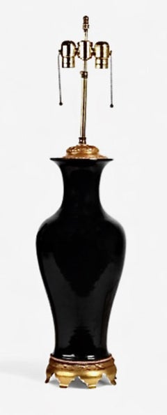 Pair Chinese Mirror Black Vases Mounted as Lamps