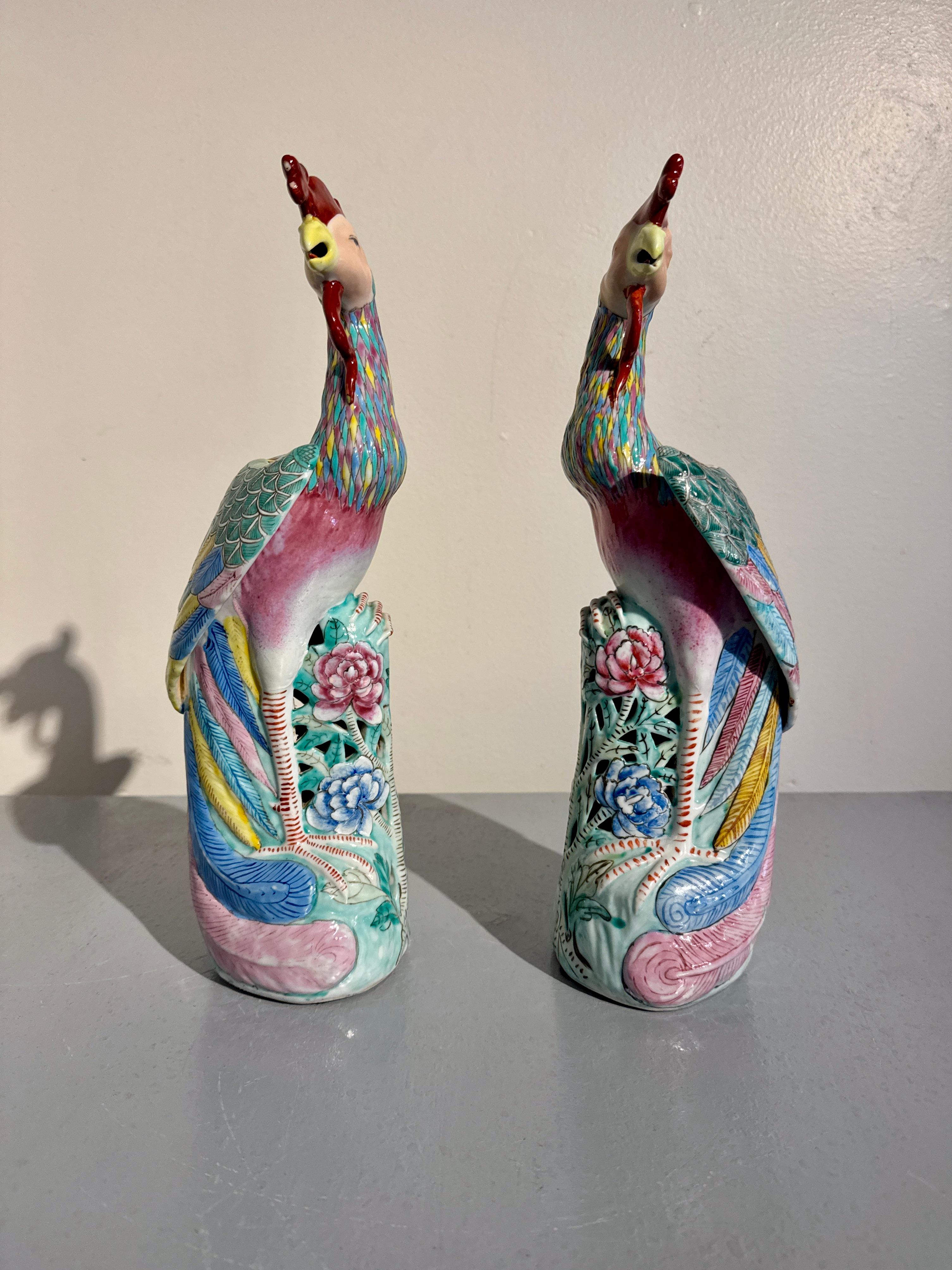 Enameled Pair Chinese Export Phoenixes, Famille Rose Porcelain, Republic Period, China For Sale