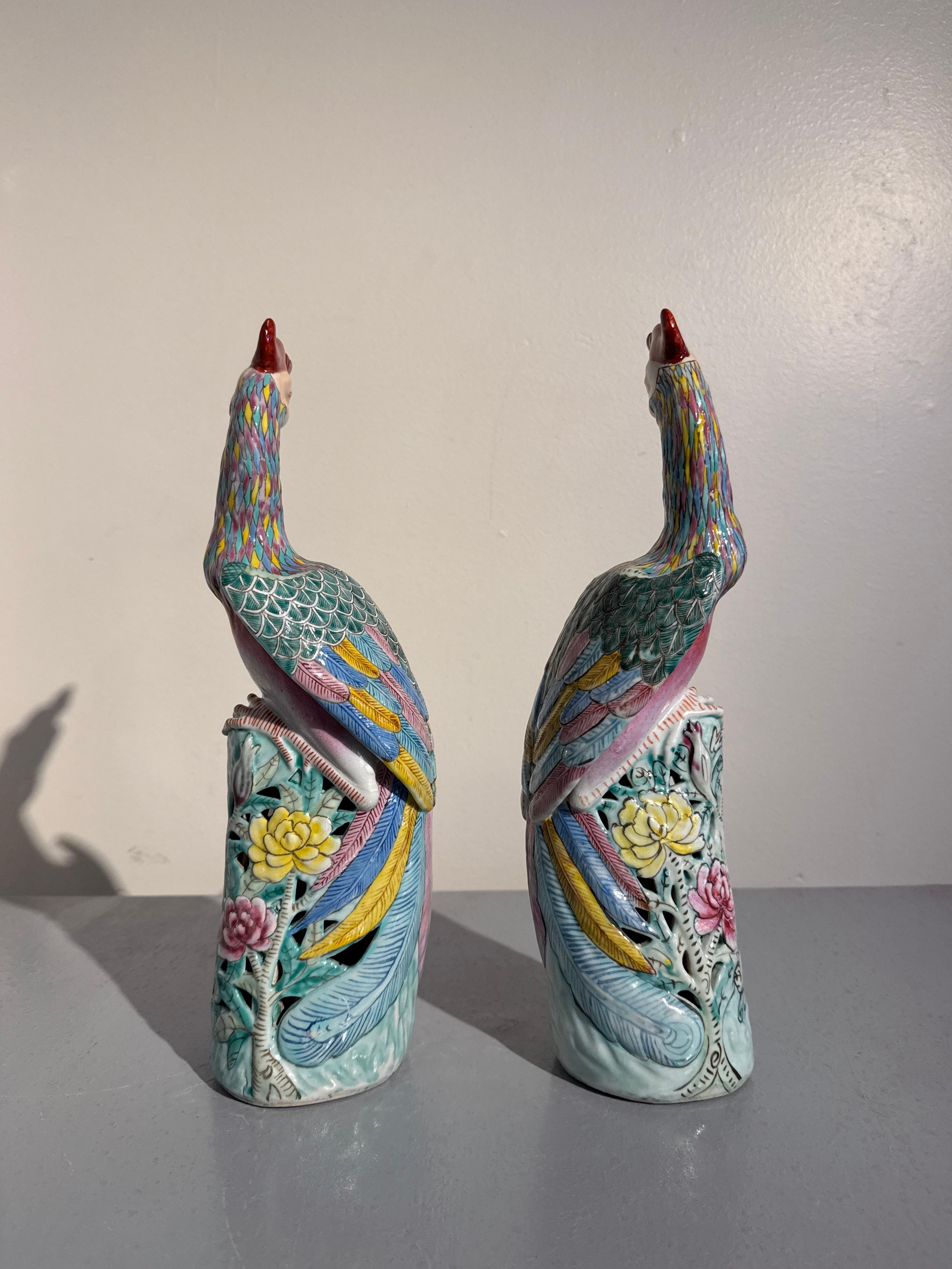 20th Century Pair Chinese Export Phoenixes, Famille Rose Porcelain, Republic Period, China For Sale