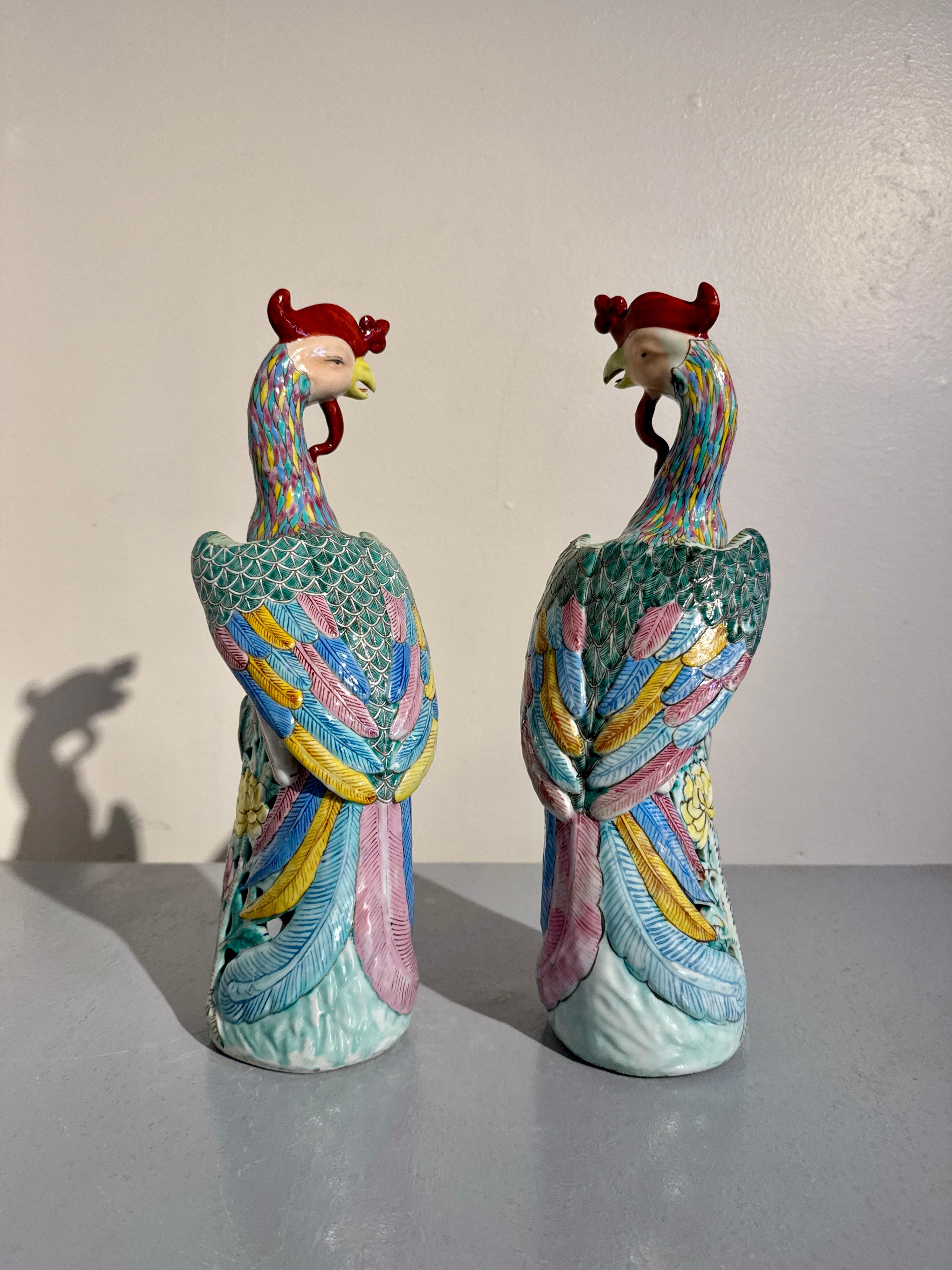 Pair Chinese Export Phoenixes, Famille Rose Porcelain, Republic Period, China For Sale 1