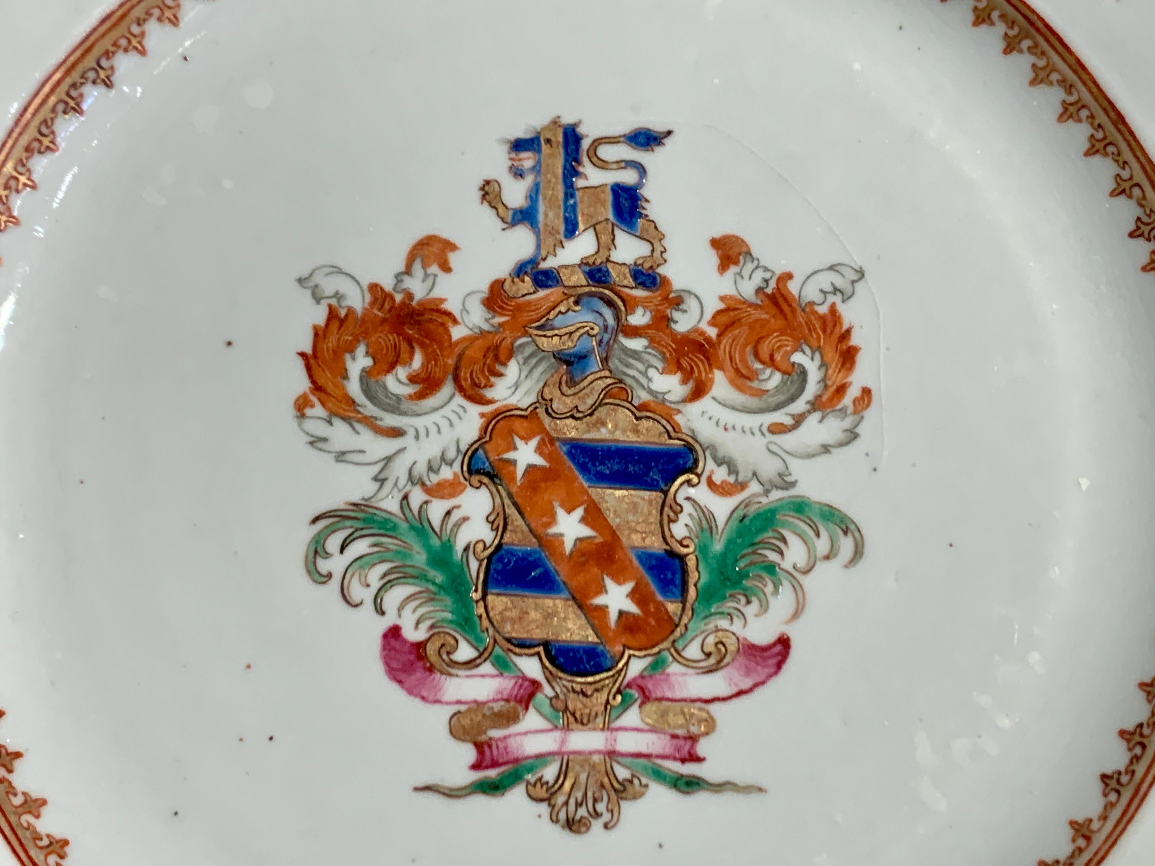Enameled Pair Chinese Export Porcelain Permbridge Armorial Plates, mid 18th c, China For Sale