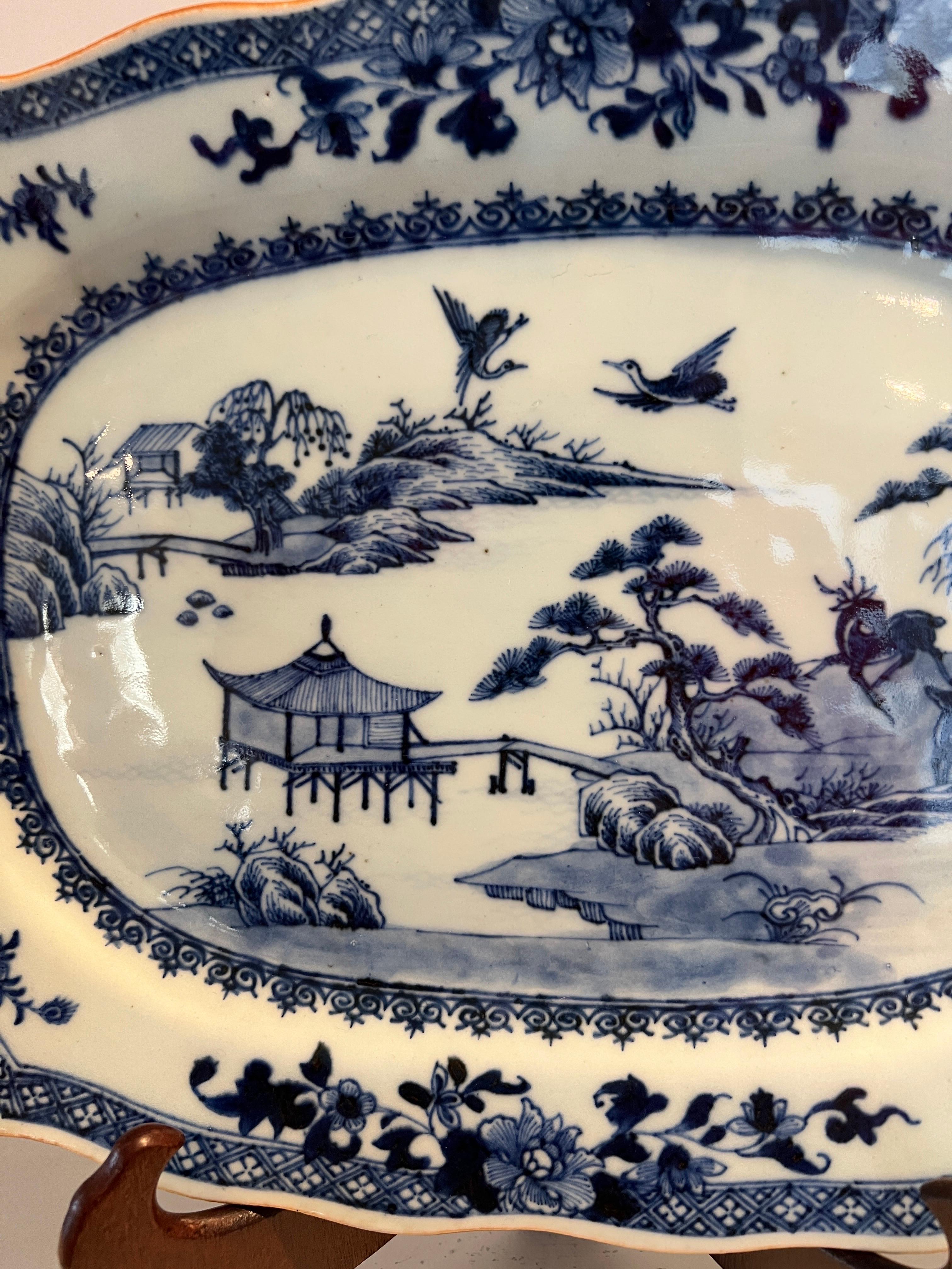 Pair, Chinese Export Qianlong Blue & White Porcelain Platters - Deer Landscape In Good Condition For Sale In Atlanta, GA