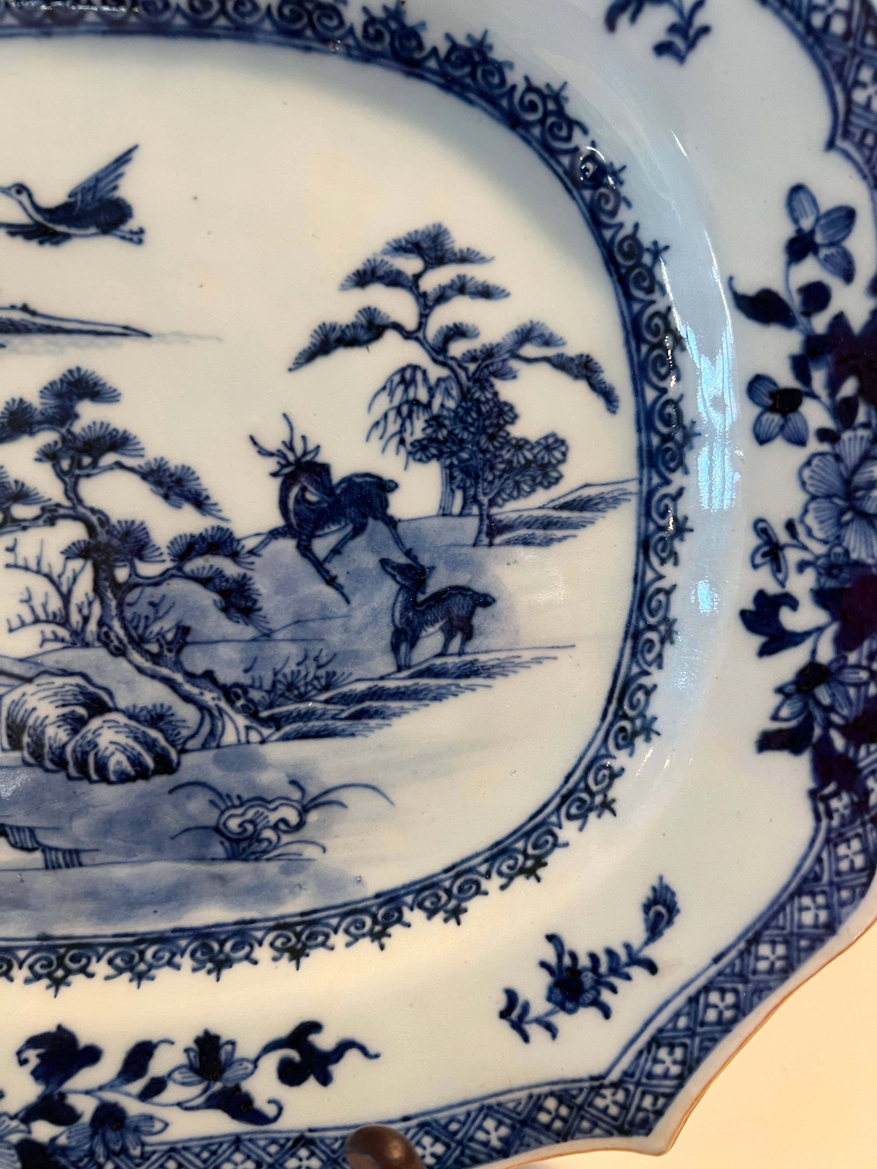 18th Century and Earlier Pair, Chinese Export Qianlong Blue & White Porcelain Platters - Deer Landscape For Sale