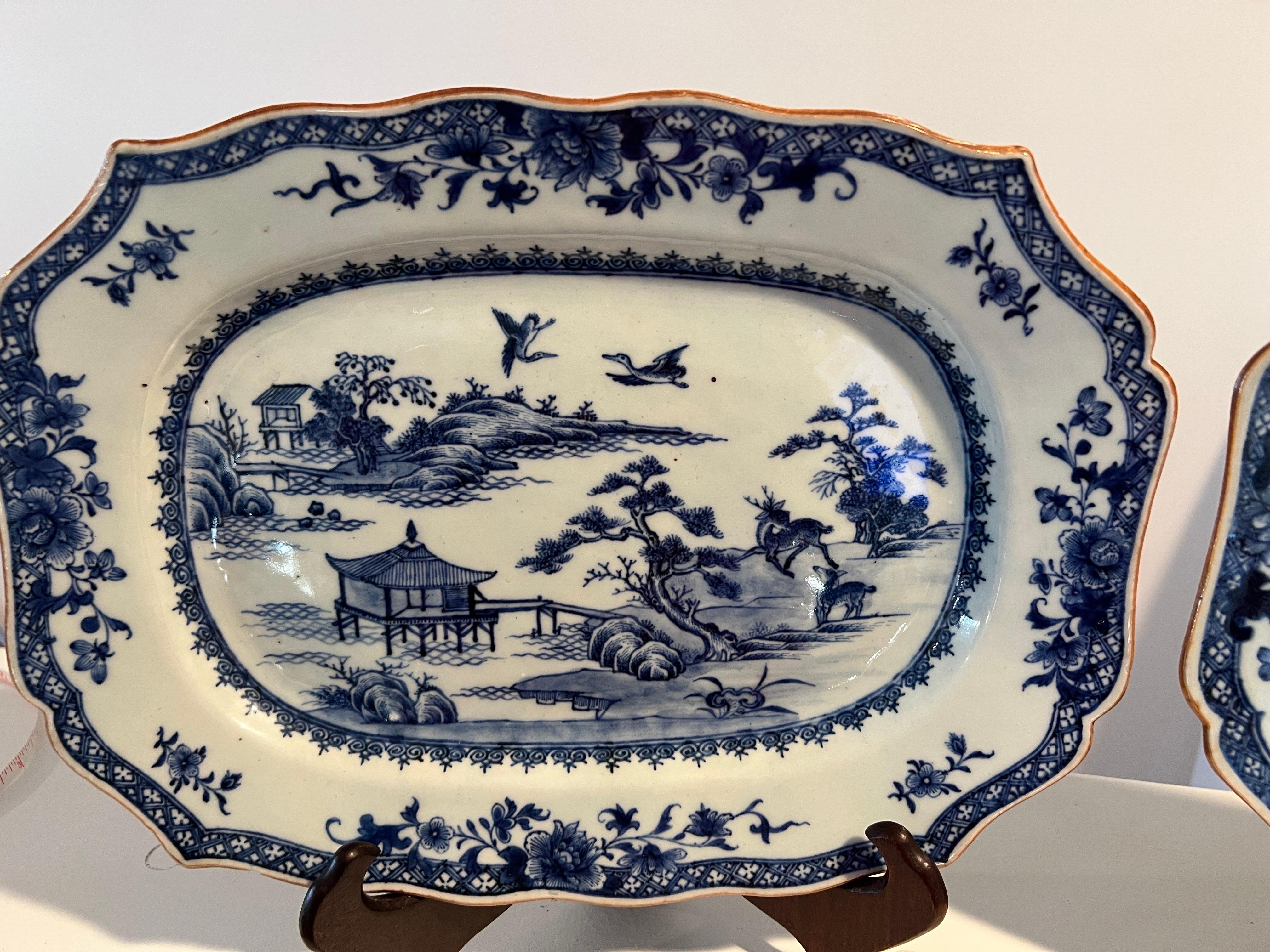 Pair, Chinese Export Qianlong Blue & White Porcelain Platters - Deer Landscape For Sale 2