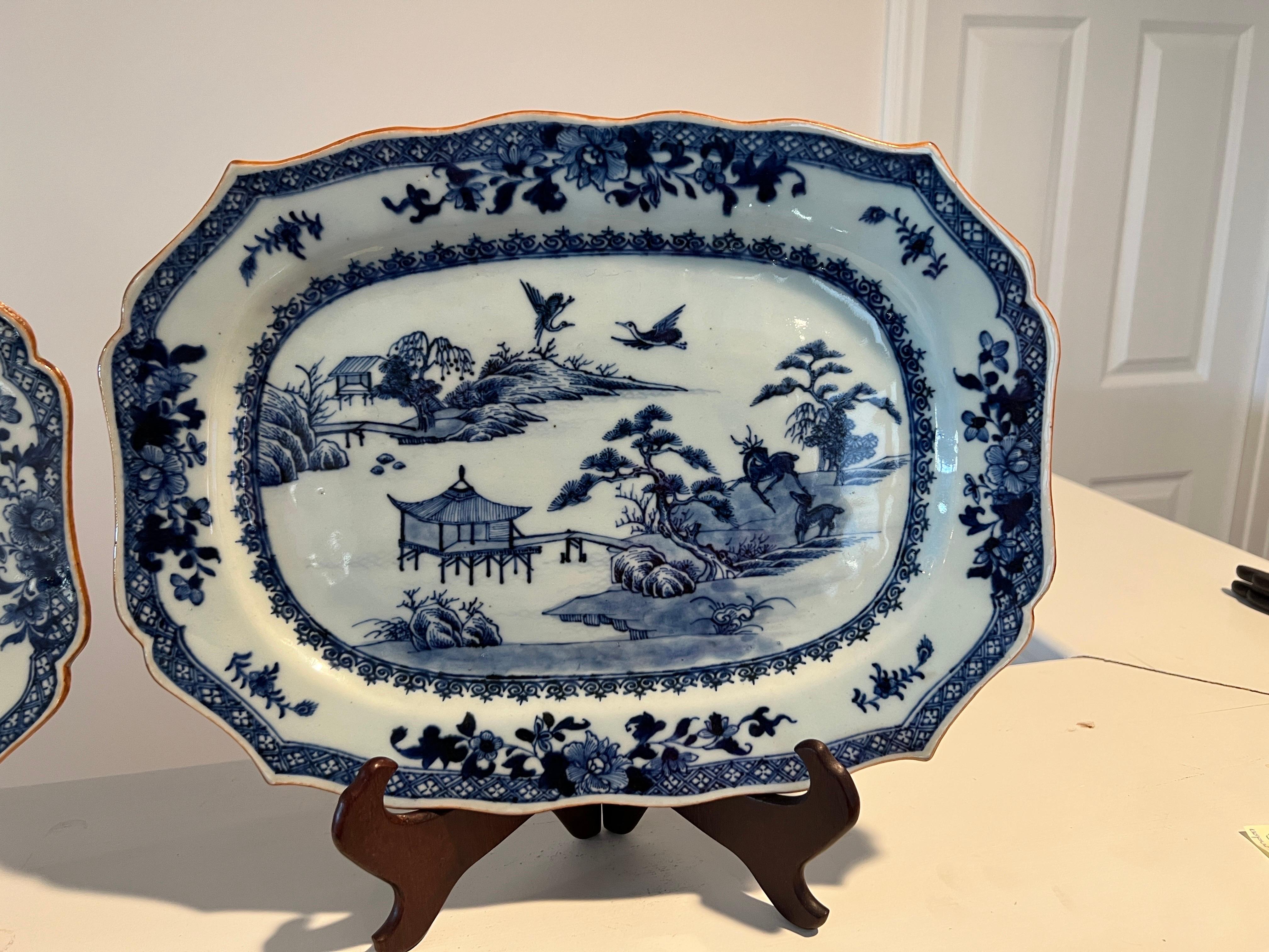 Pair, Chinese Export Qianlong Blue & White Porcelain Platters - Deer Landscape For Sale 3