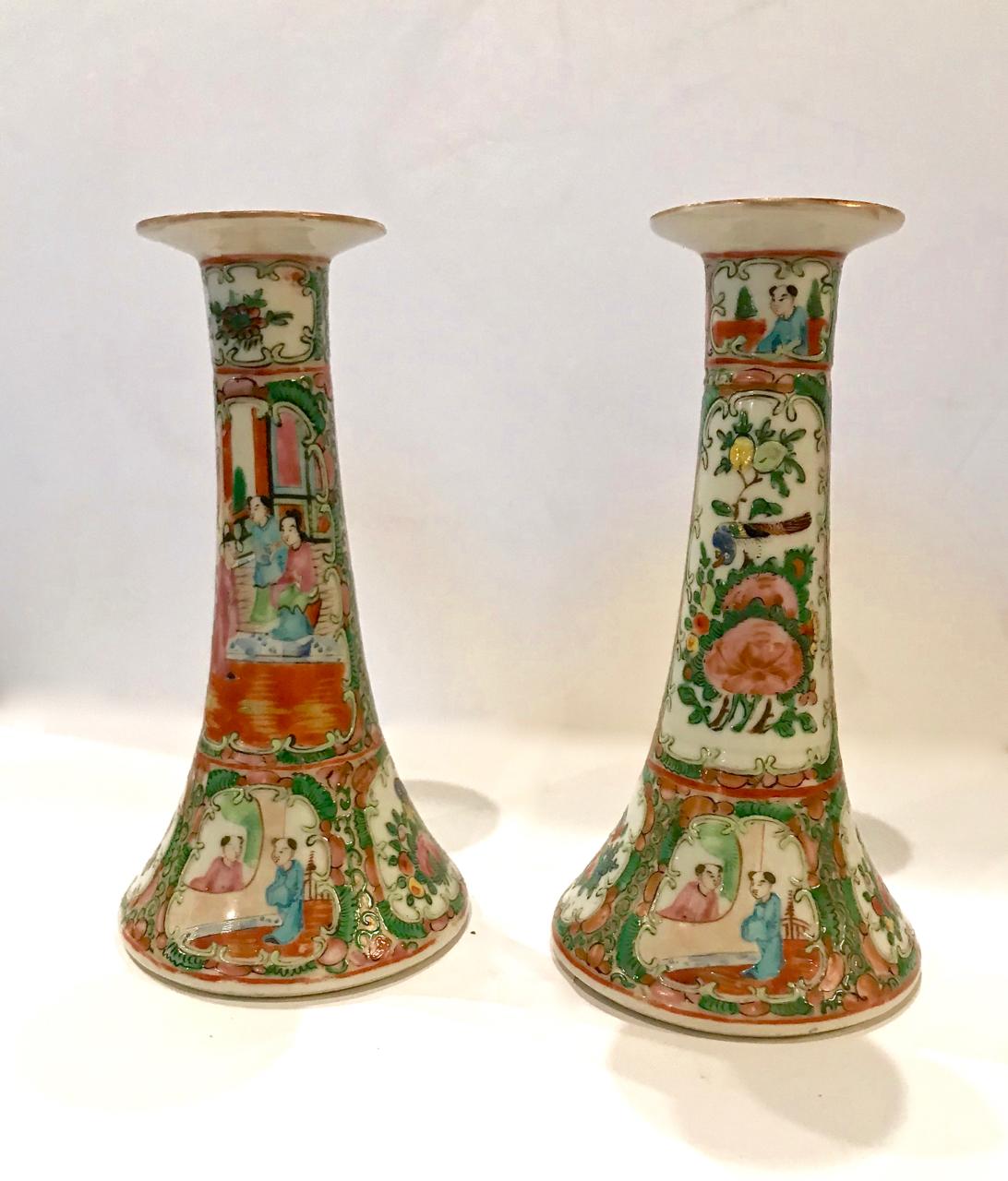 Pair of Chinese Export Rose Canton Candlesticks, circa 1860 1