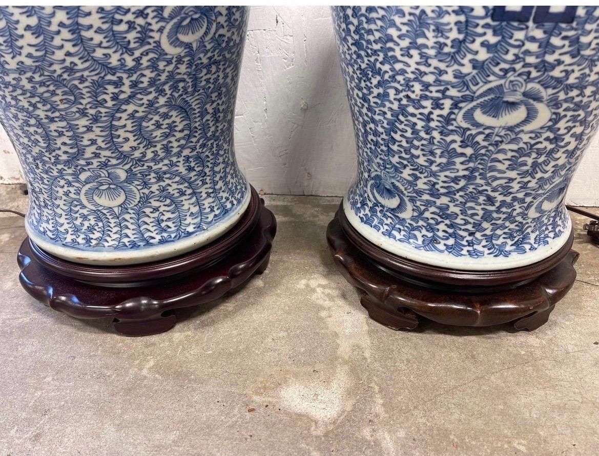 Pair, Chinese Export Style Blue and White Double Happiness Table Lamps In Good Condition In Atlanta, GA
