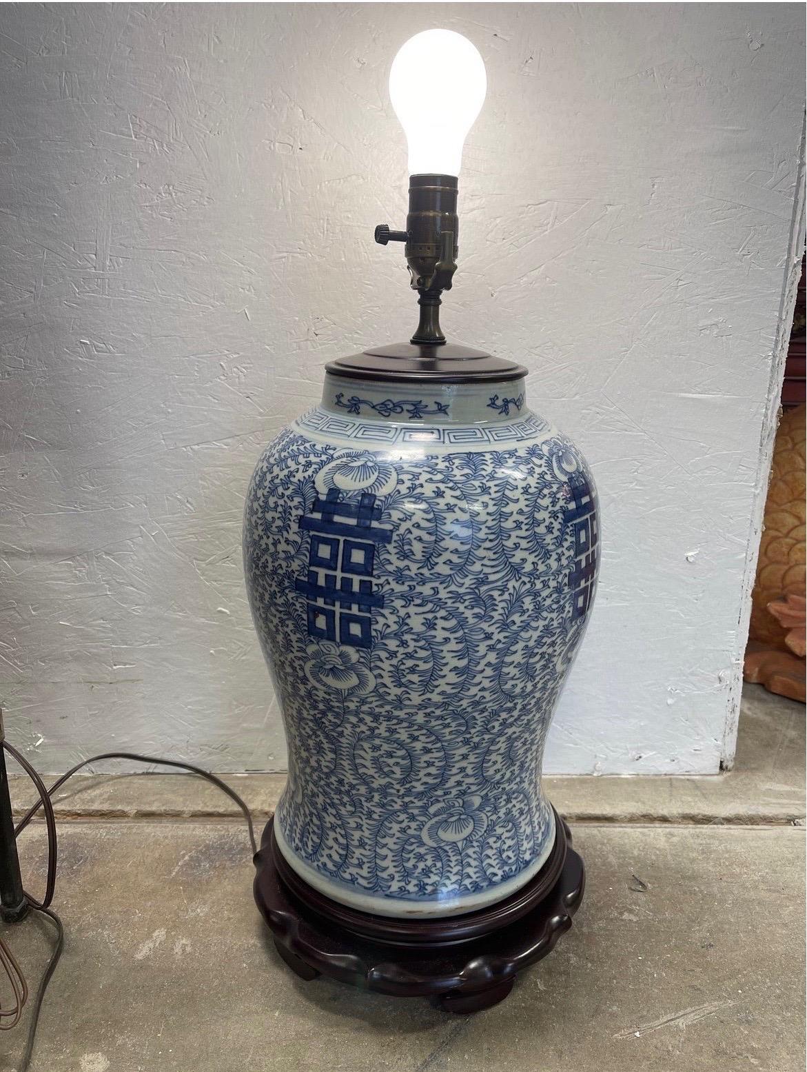 20th Century Pair, Chinese Export Style Blue and White Double Happiness Table Lamps