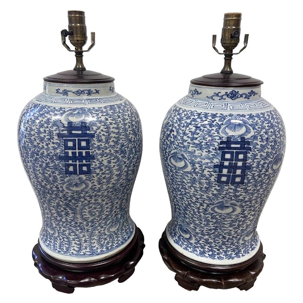 Pair, Chinese Export Style Blue and White Double Happiness Table Lamps