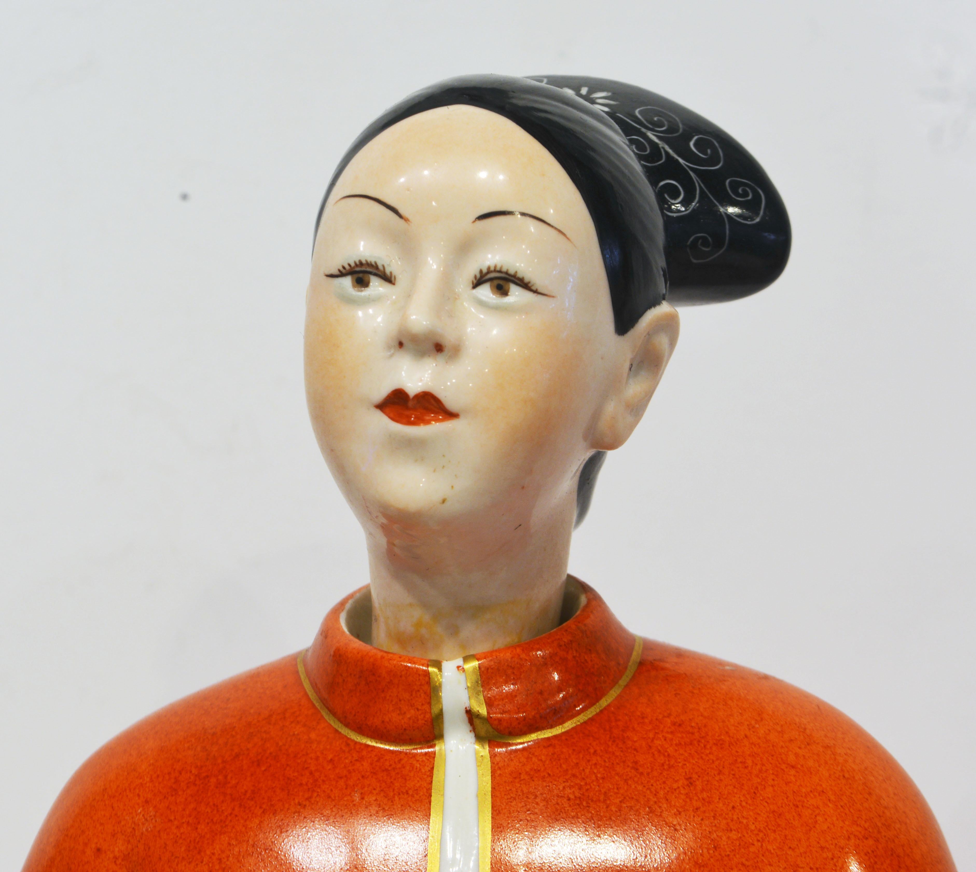 Metal Chinese Export Style Porcelain Nodding Head Mandarins by Mottahedeh, Italy, Pair