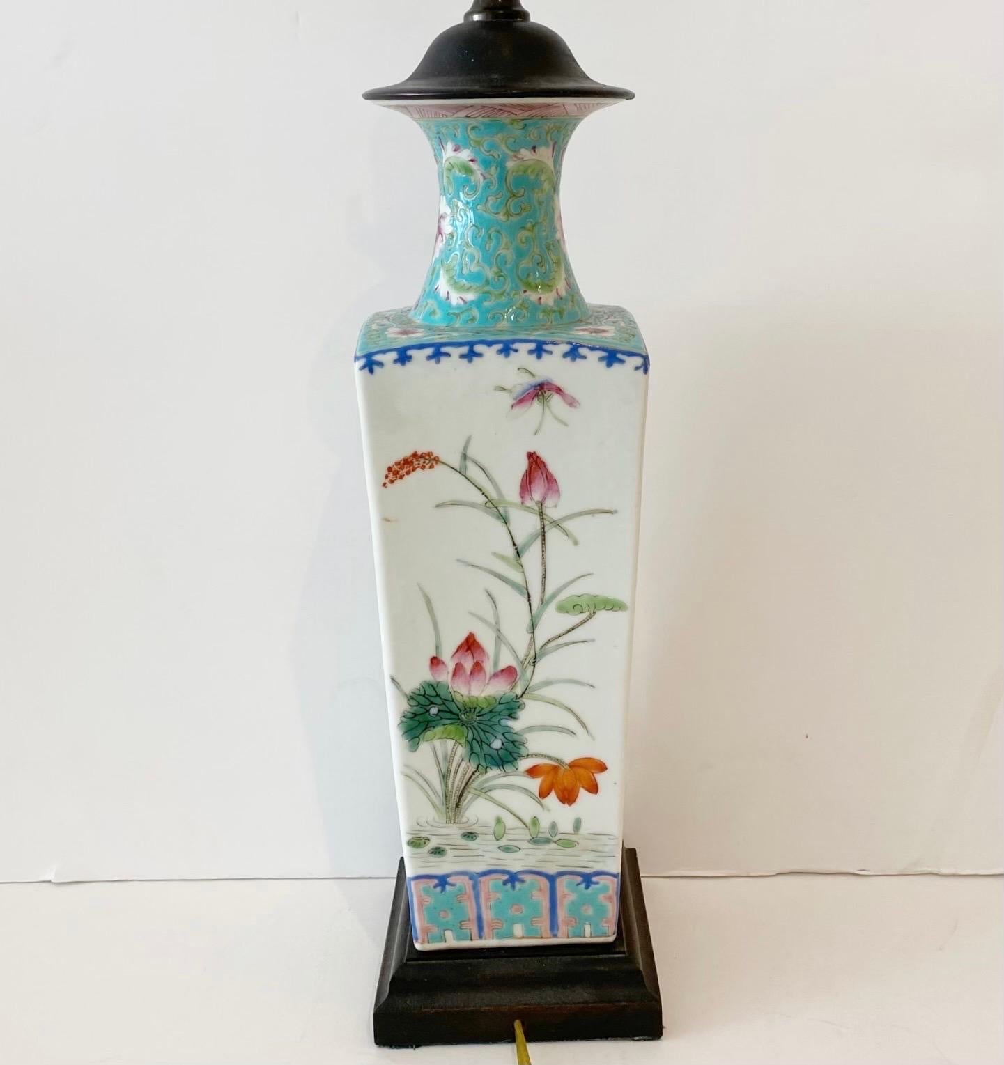 Pair Chinese Export Turquoise/ White Famille-Verte Floral Vases Now as Lamps For Sale 4