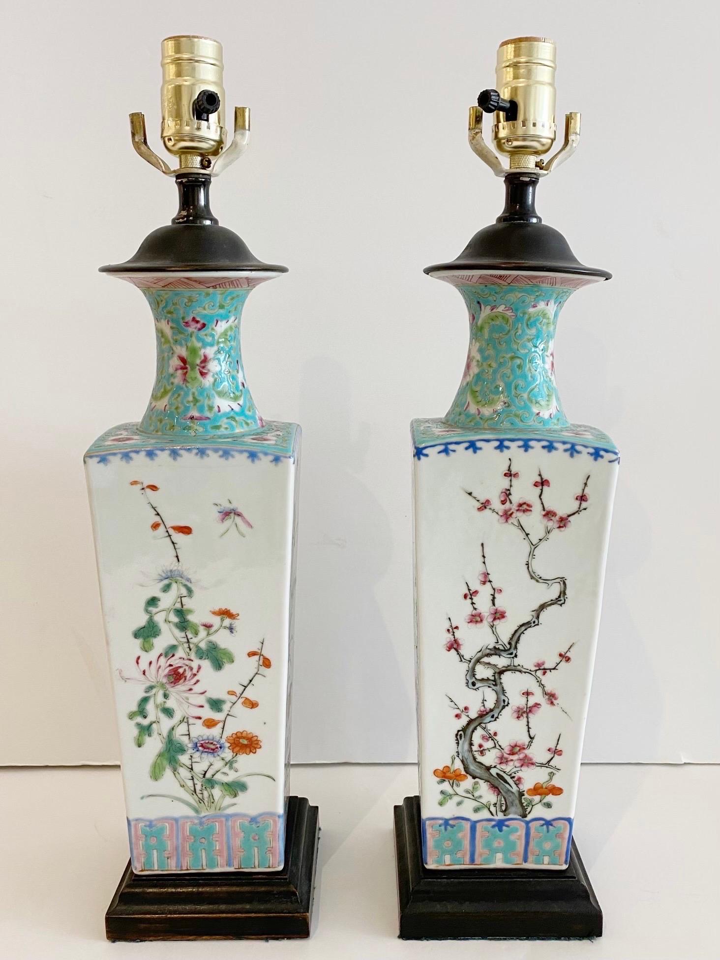 Pair Chinese Export Turquoise/ White Famille-Verte Floral Vases Now as Lamps For Sale 5