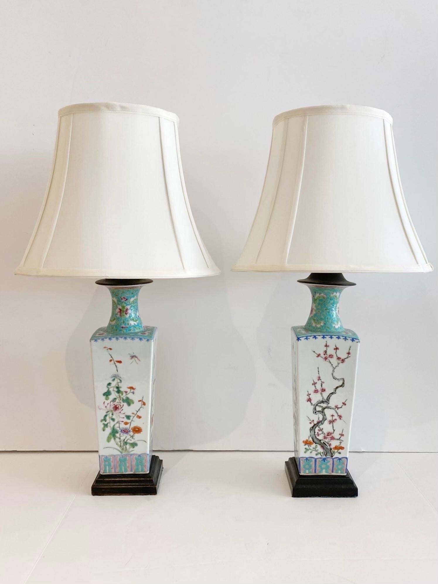 Pair Chinese Export Turquoise/ White Famille-Verte Floral Vases now as Lamps 

Each one of square form, finely decorated with intricate turquoise enameled necks, the sides hand painted with florals including lotus, chrysanthemum and prunus