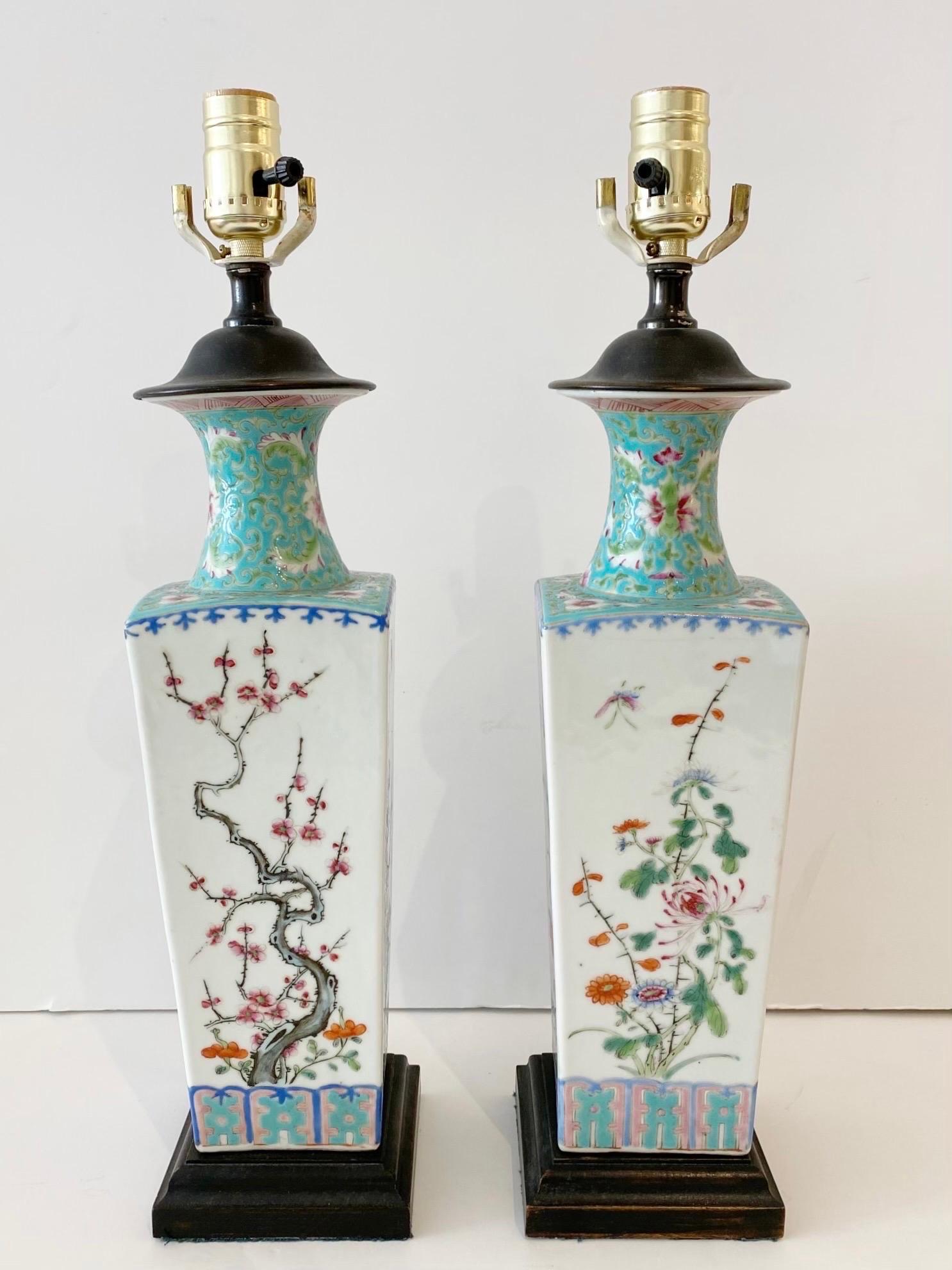 Enameled Pair Chinese Export Turquoise/ White Famille-Verte Floral Vases Now as Lamps For Sale