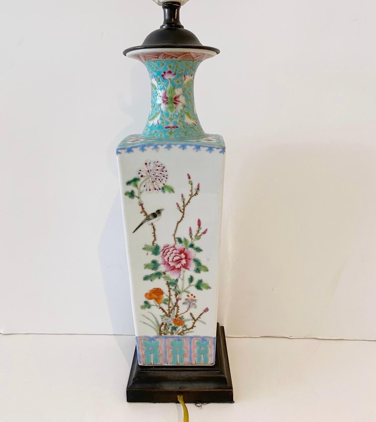 20th Century Pair Chinese Export Turquoise/ White Famille-Verte Floral Vases Now as Lamps For Sale