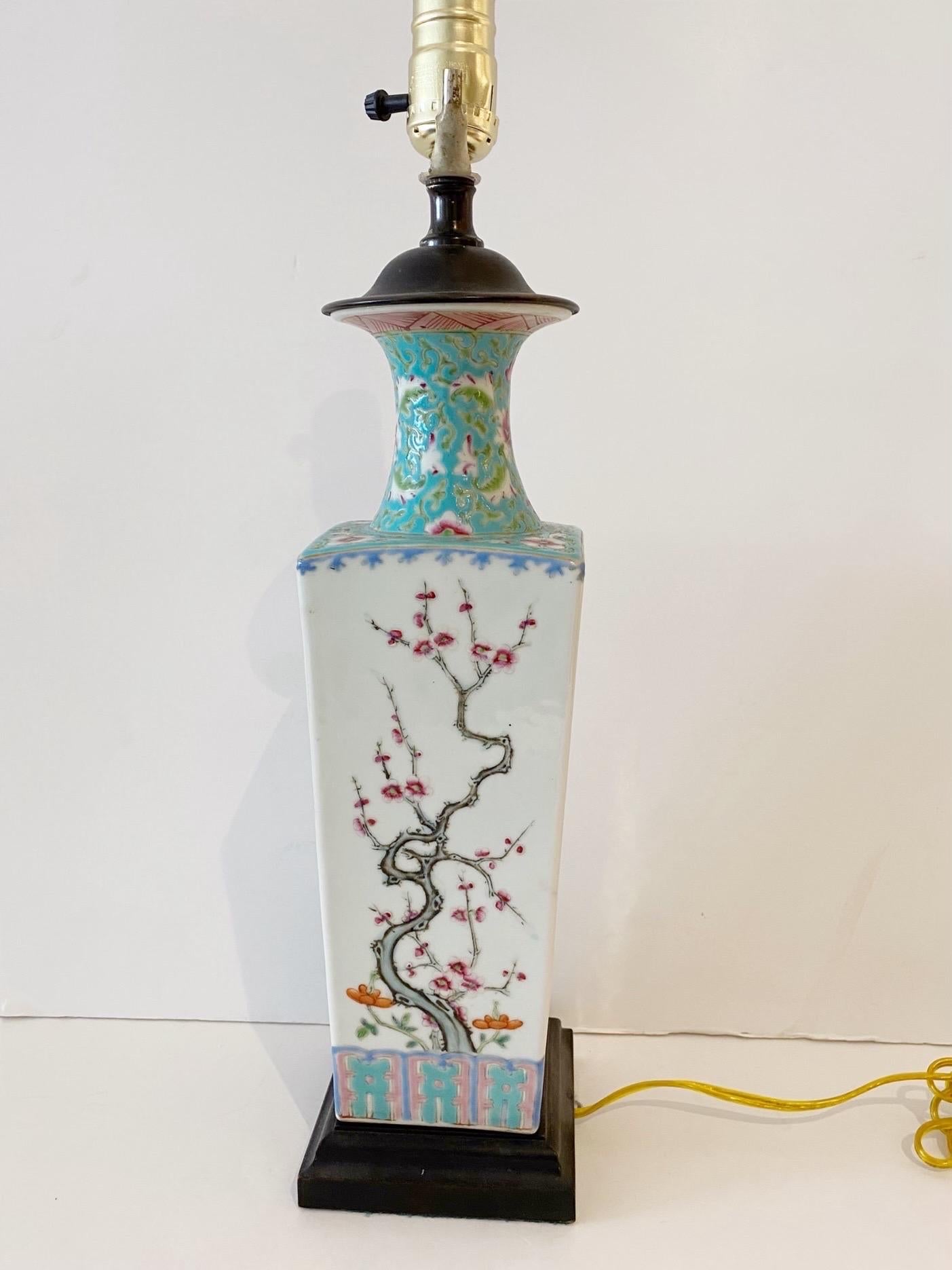 Porcelain Pair Chinese Export Turquoise/ White Famille-Verte Floral Vases Now as Lamps For Sale