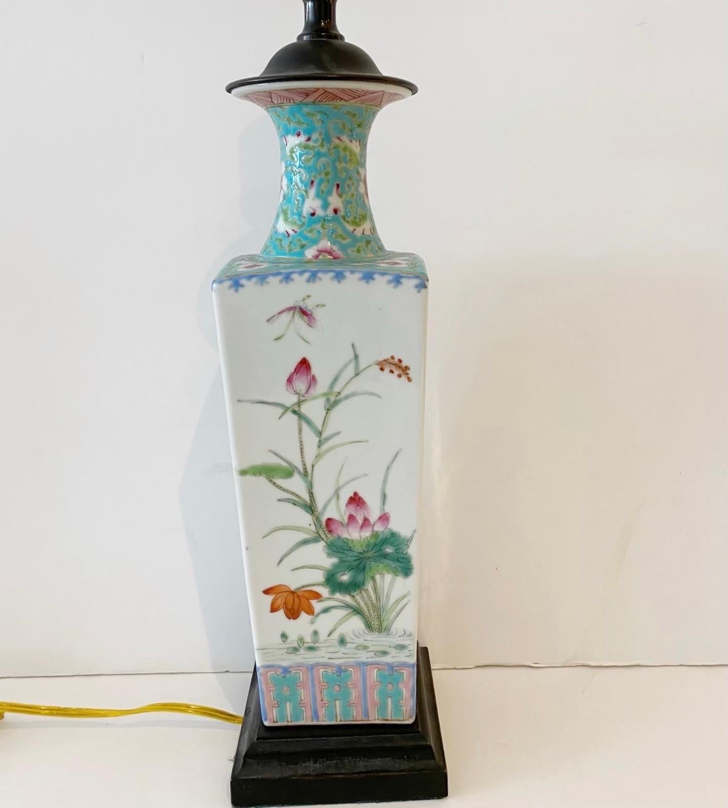 Pair Chinese Export Turquoise/ White Famille-Verte Floral Vases Now as Lamps For Sale 1