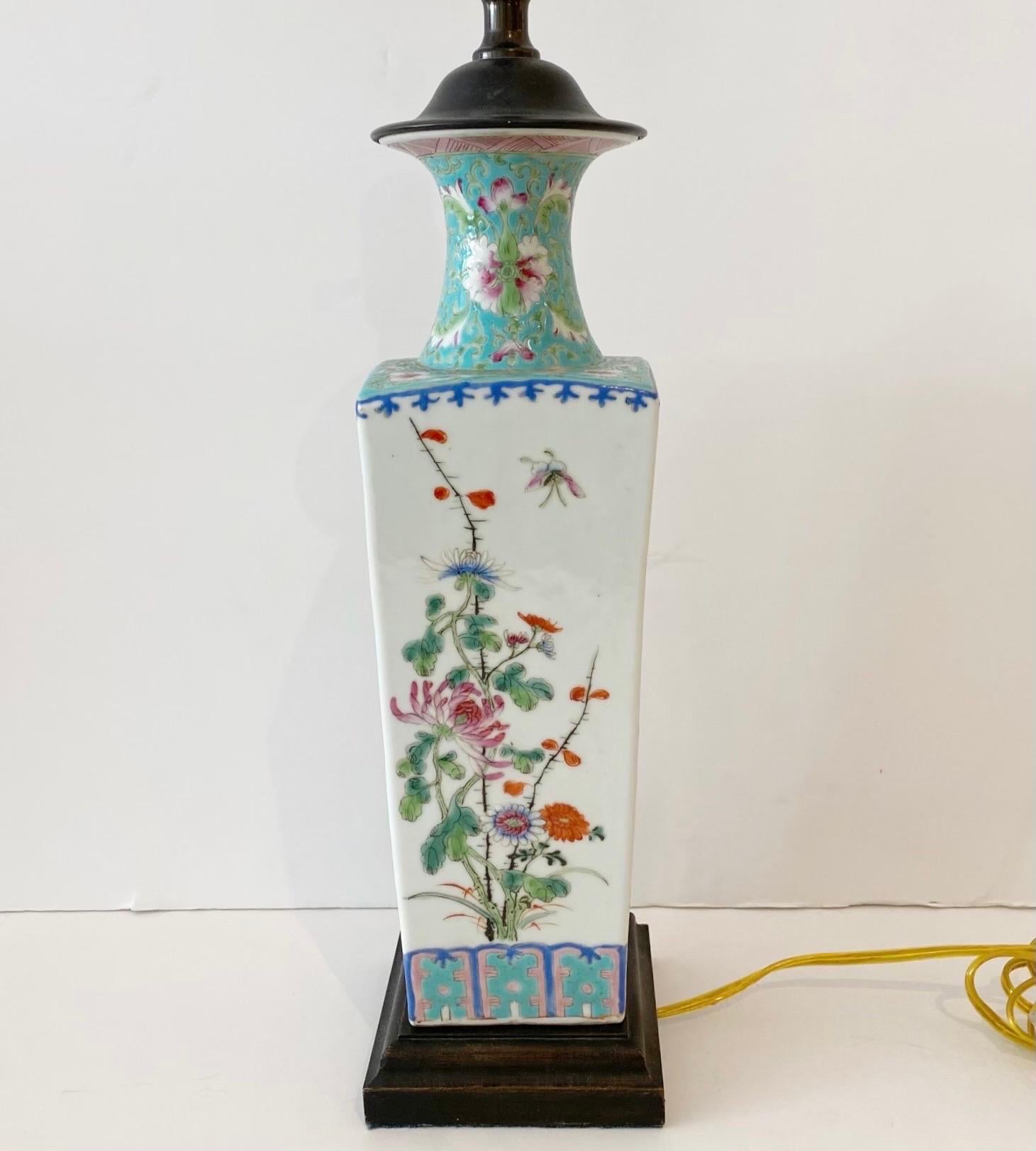 Pair Chinese Export Turquoise/ White Famille-Verte Floral Vases Now as Lamps For Sale 2