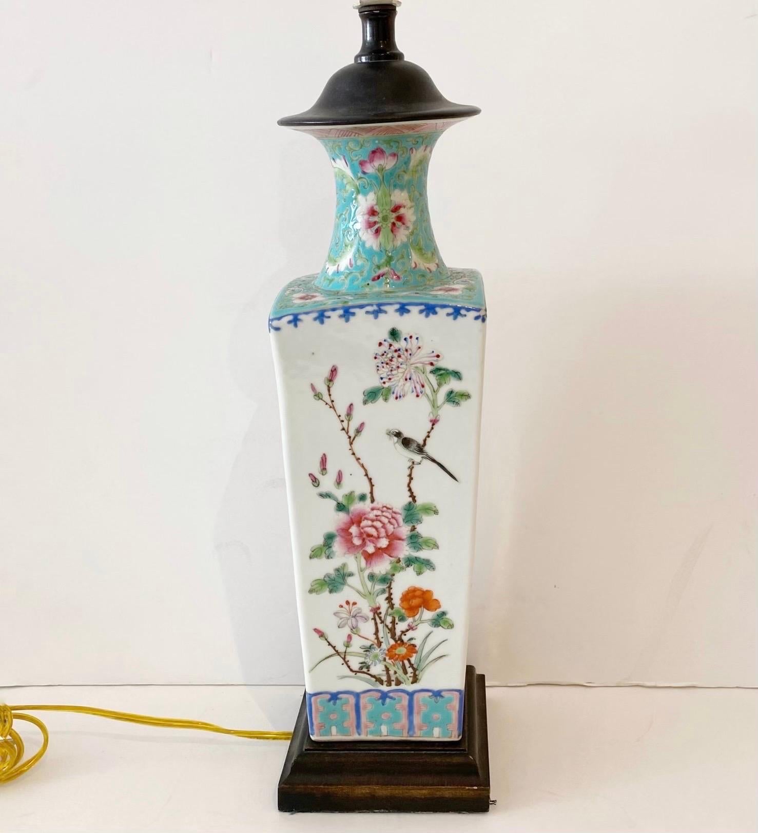 Pair Chinese Export Turquoise/ White Famille-Verte Floral Vases Now as Lamps For Sale 3