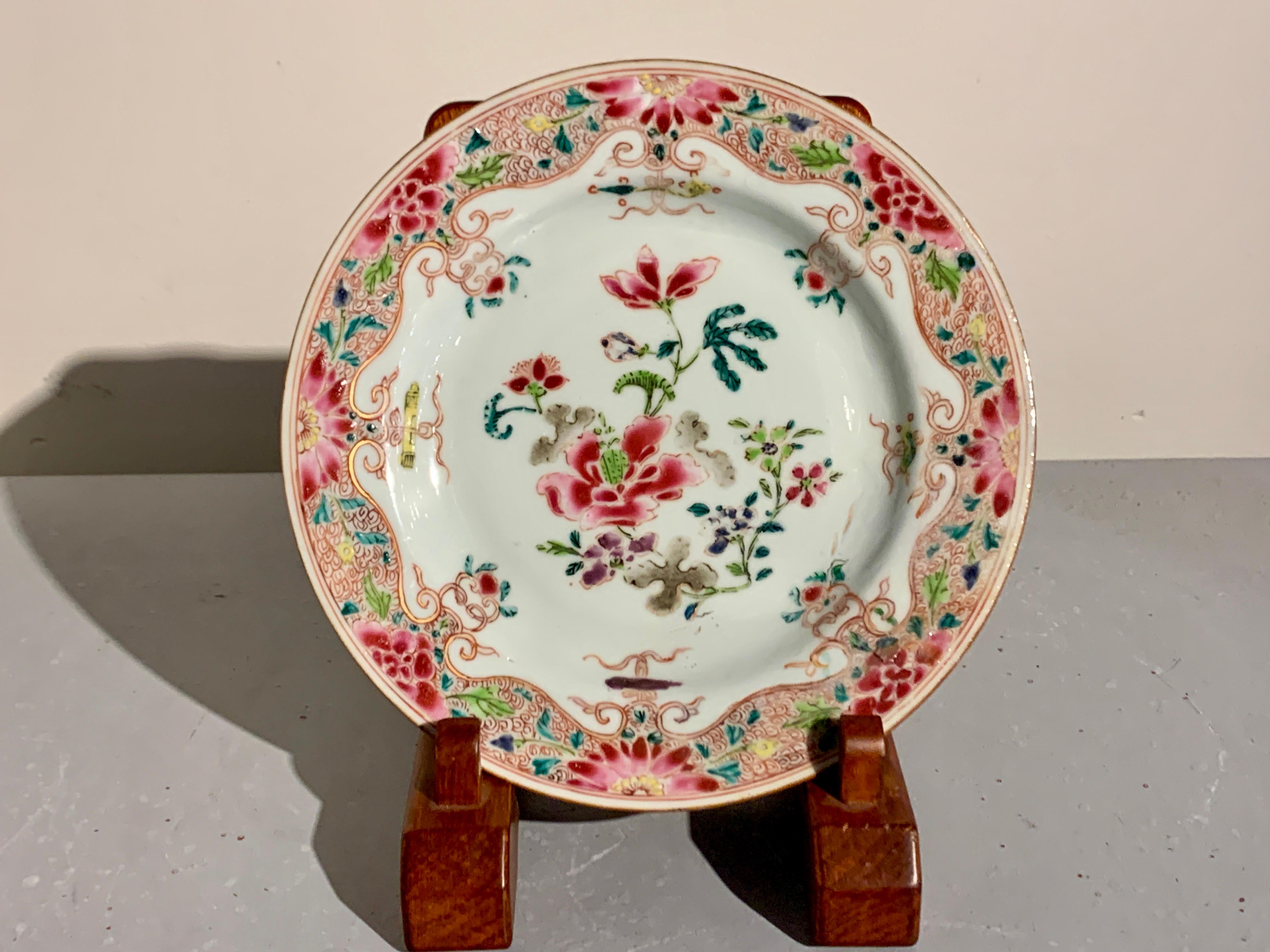 Pair Chinese Export Yongzheng Famille Rose Plates, circa 1730, China For Sale 2