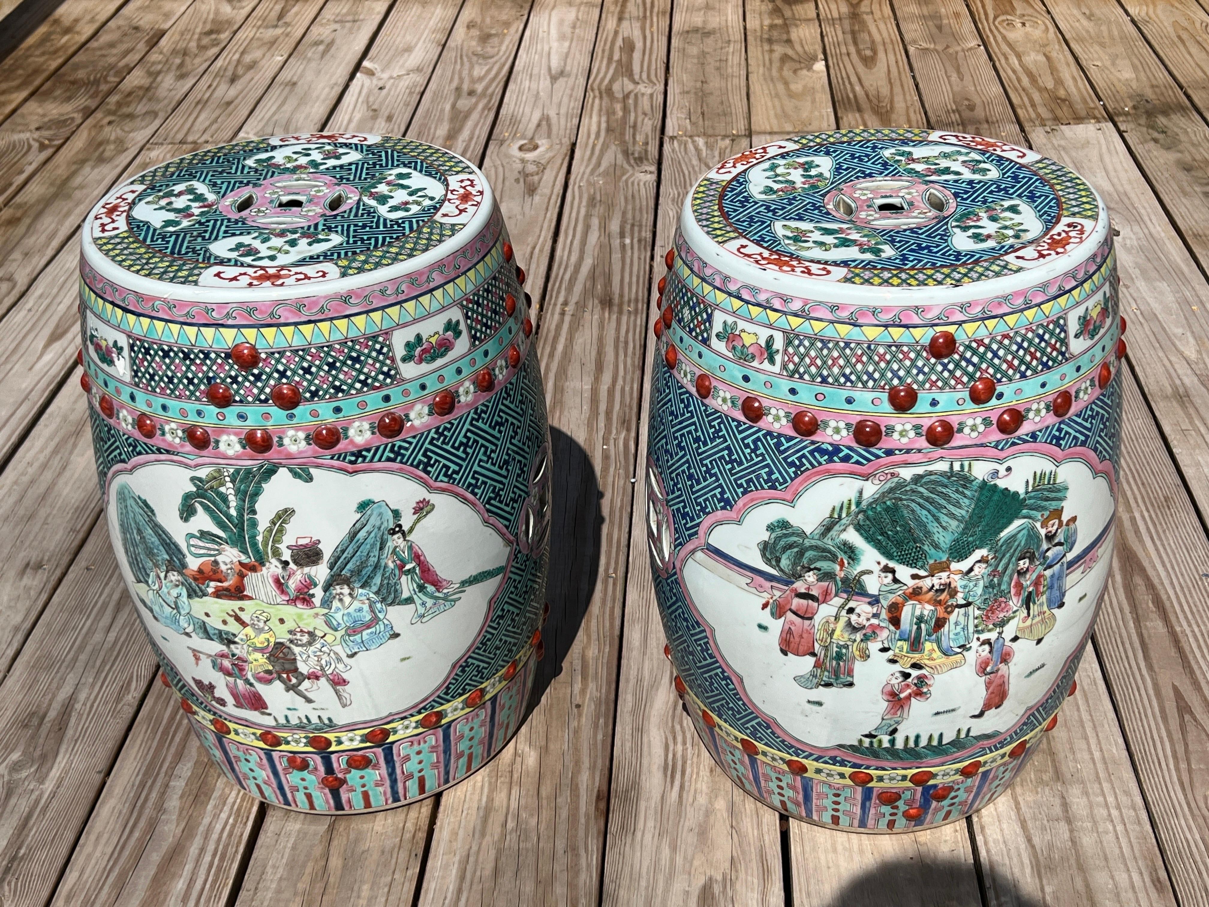 Pair, Chinese Famille Rose Enamel Decorated Porcelain Garden Stool In Good Condition For Sale In Atlanta, GA