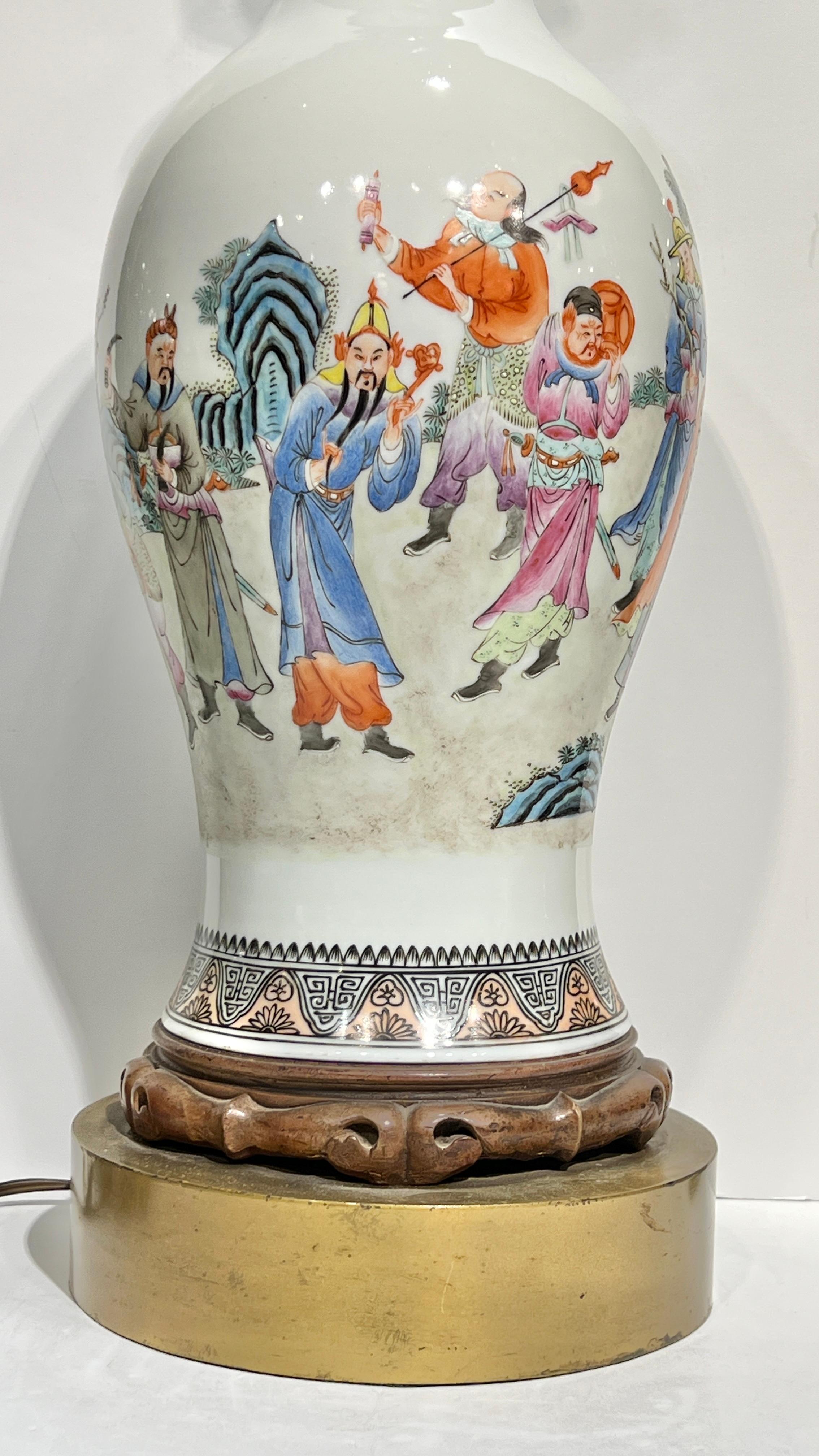 Glazed Pair Chinese Famille Rose Export Porcelain Vases Mounted as Table Lamps For Sale