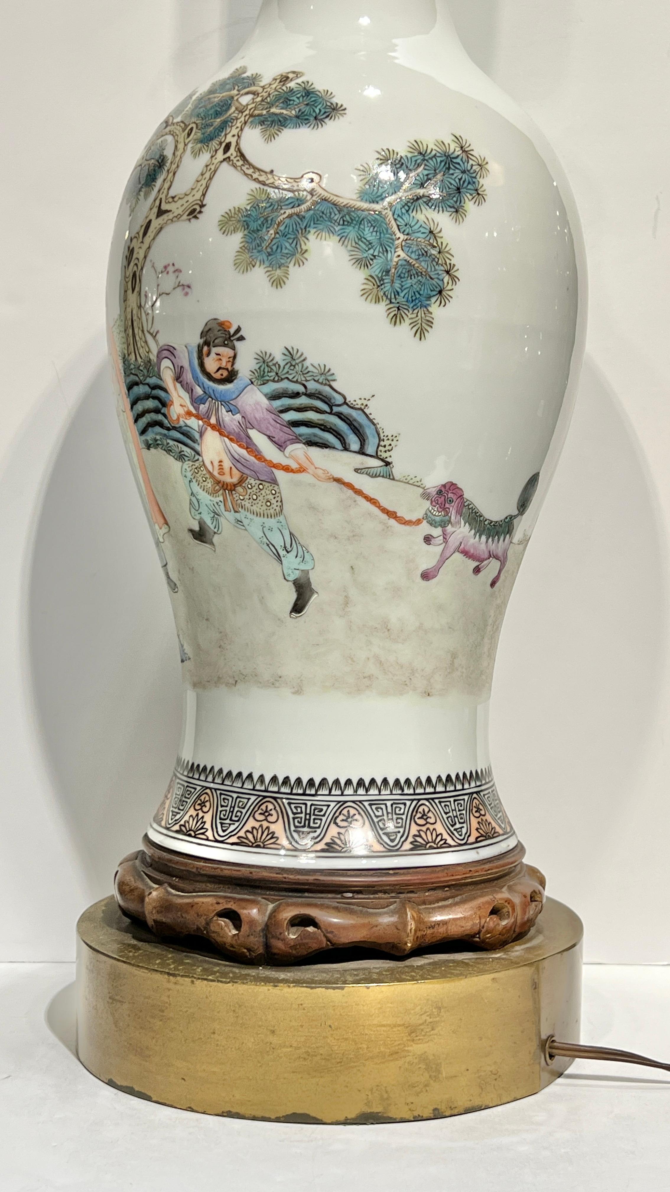 19th Century Pair Chinese Famille Rose Export Porcelain Vases Mounted as Table Lamps For Sale