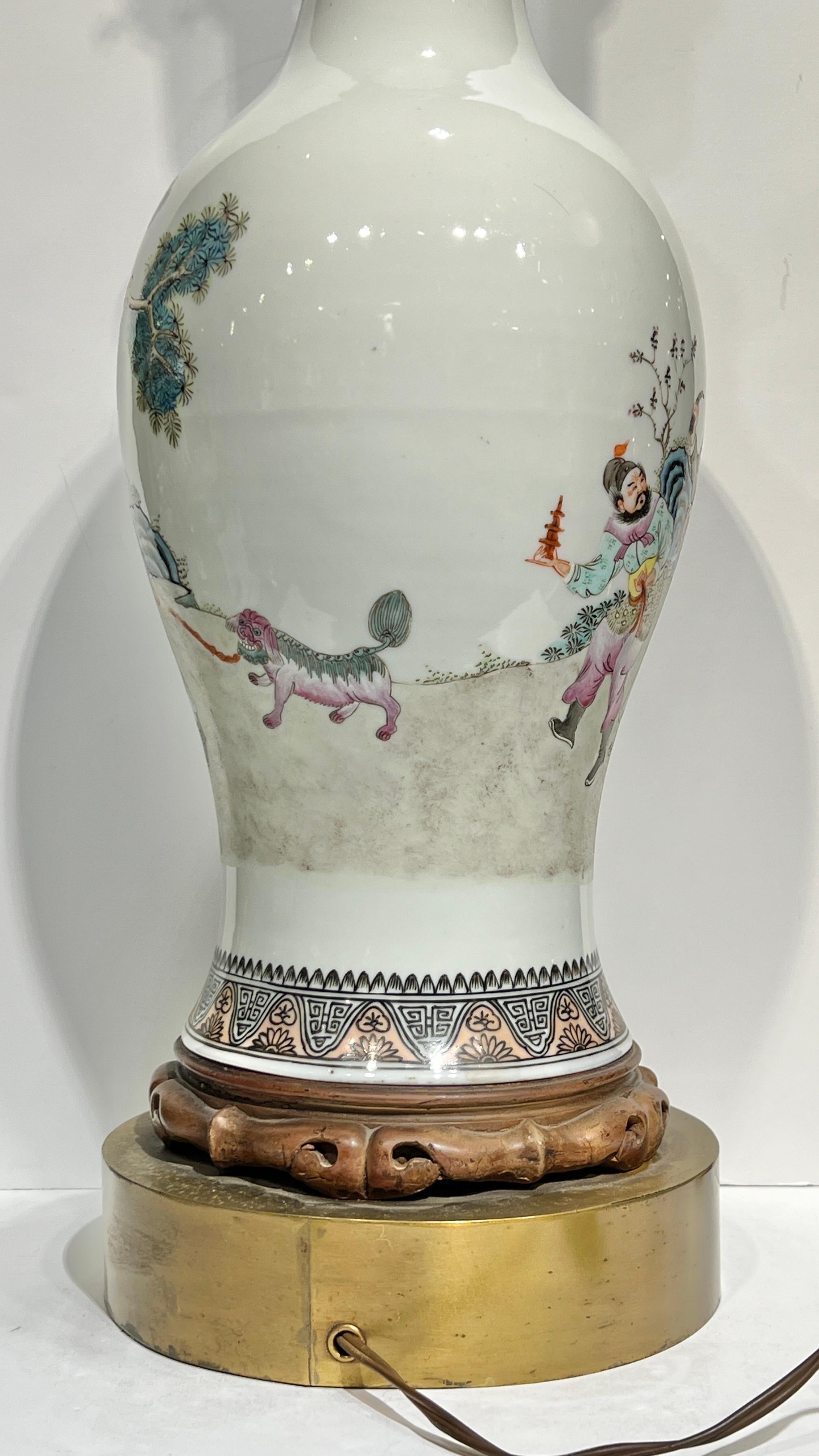 Pair Chinese Famille Rose Export Porcelain Vases Mounted as Table Lamps For Sale 1