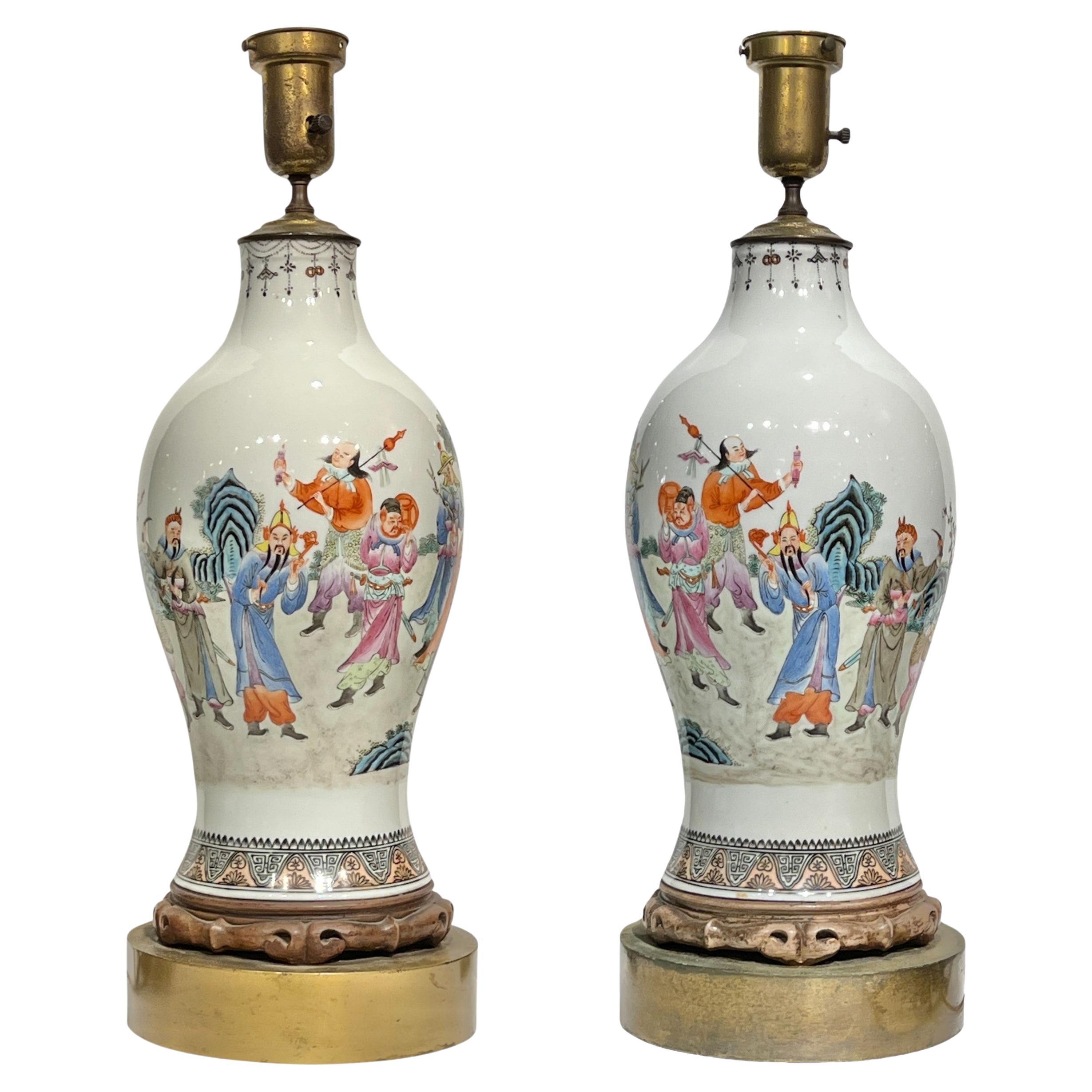Pair Chinese Famille Rose Export Porcelain Vases Mounted as Table Lamps For Sale
