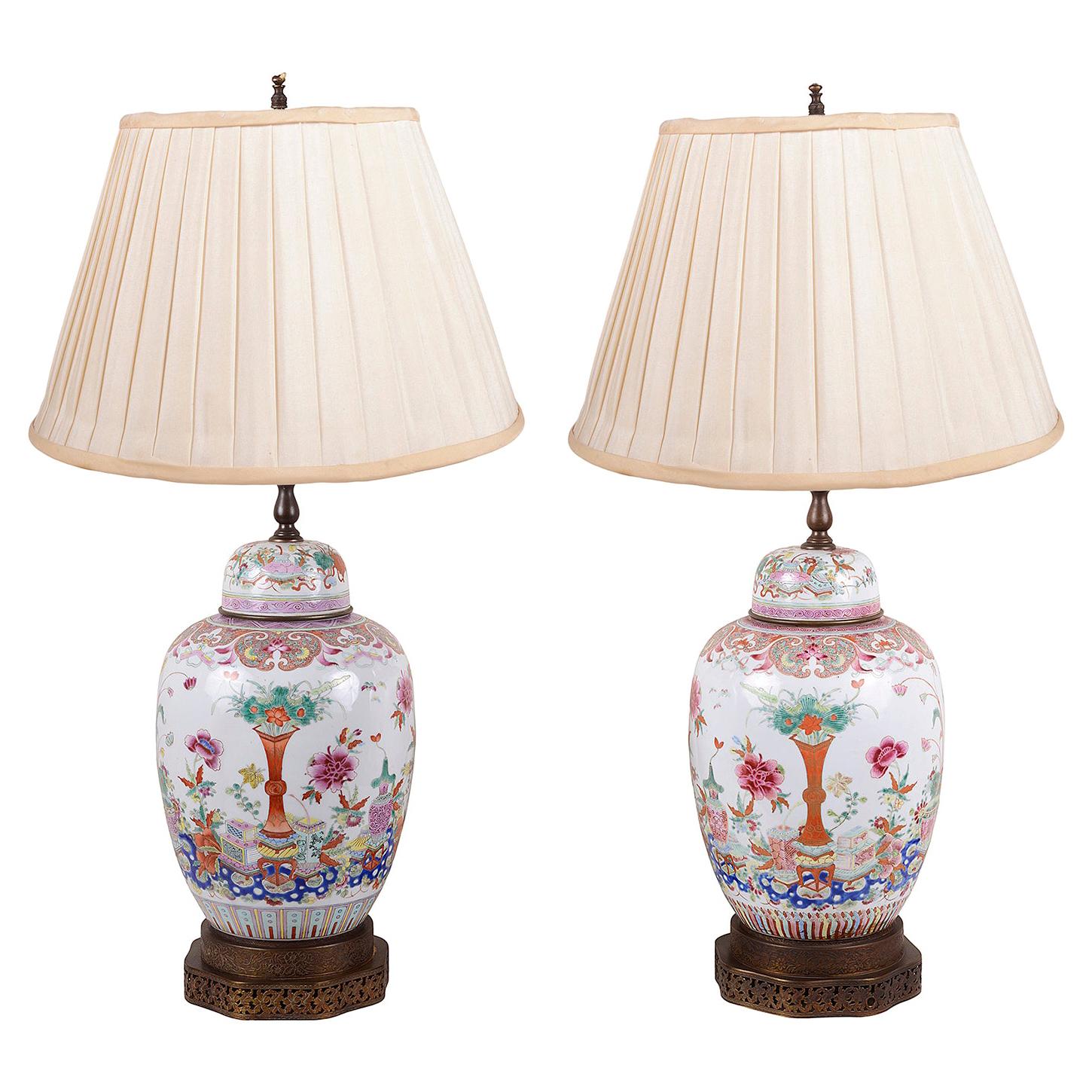 Pair of Chinese Famille Rose Ginger Jar Lamps, 19th Century For Sale