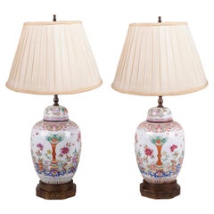 Antique Pair of Chinese Famille Rose Ginger Jar Lamps, 19th Century