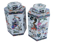 Pair Chinese Famille Rose Hexagonal Porcelain Tea Caddies / Vases With Covers