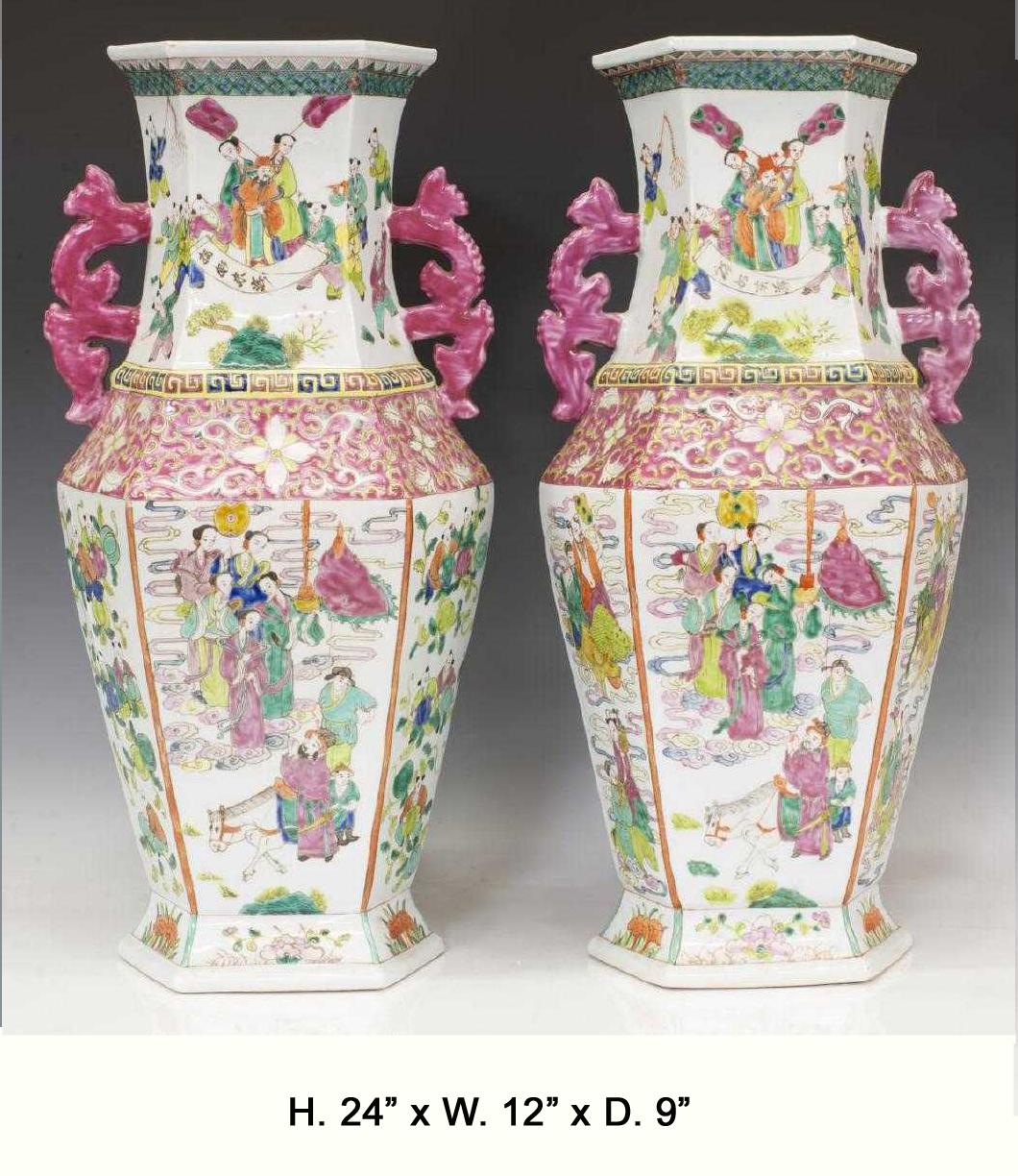 Impressive and large pair of Chinese Famille Rose enameled hexagonal form porcelain vases decorated in a foliate motif with pink enamel and poly-chrome figures, flanked by pierced handles. Mark on underside.
20th century.