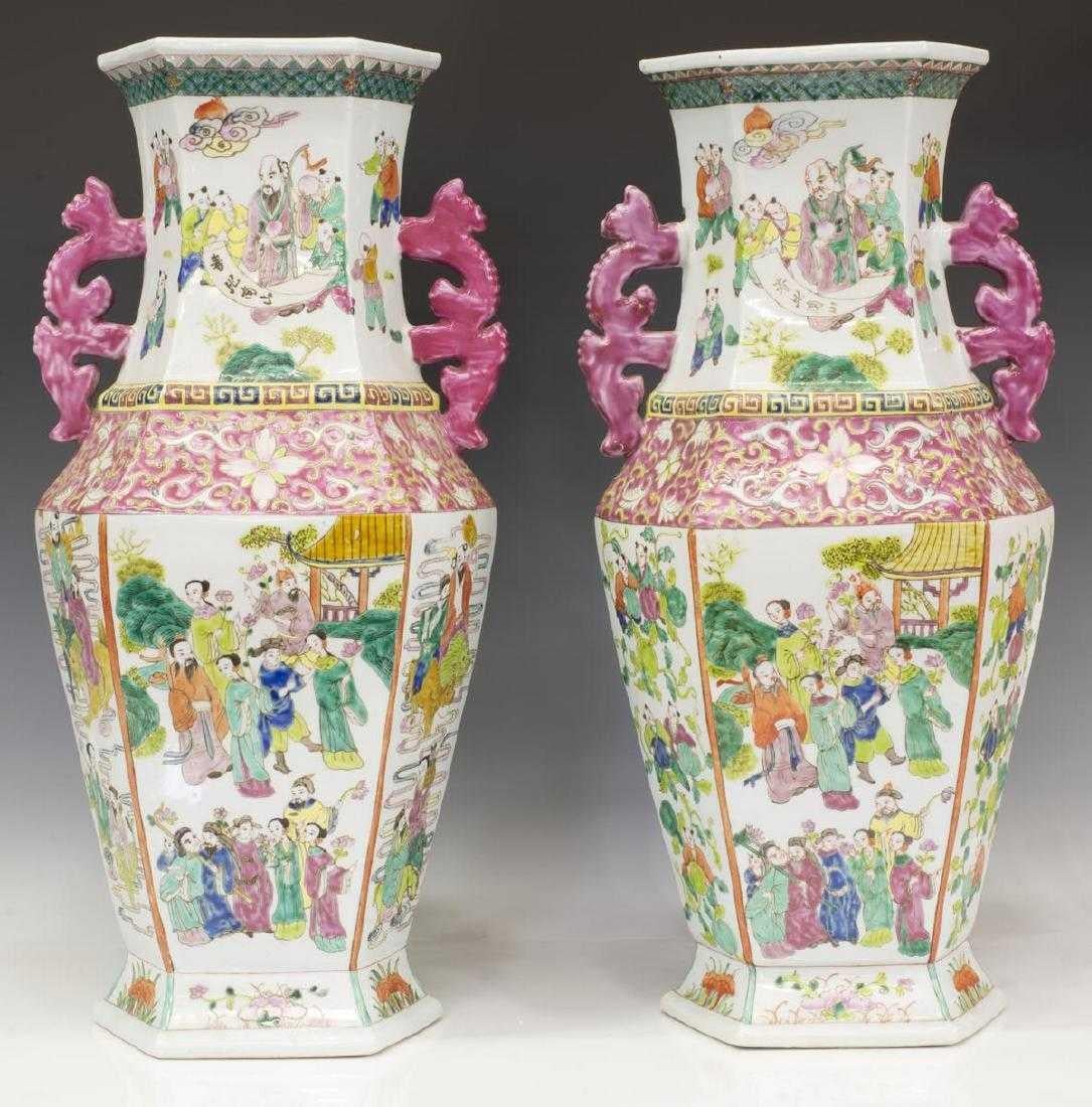 Hand-Painted Pair of Chinese Famille Rose Hexagonal Porcelain Vases