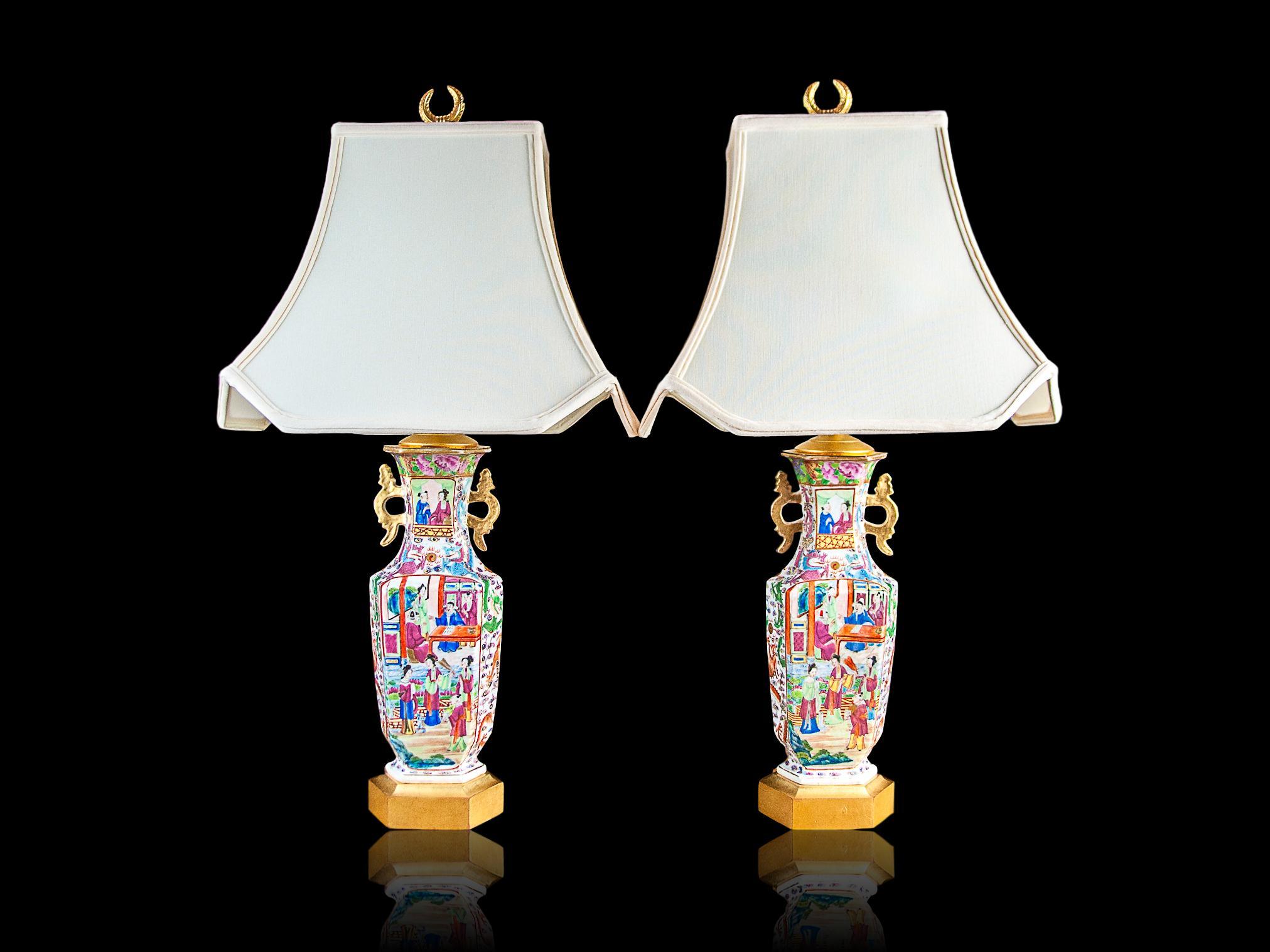 Superb pair of Chinese Famille rose mandarin vases, canton, circa 1840 Mounted as lamps. Beautifully enameled with rare scenes of a marriage, its brokering and ceremony, with the couple on the necks of the vases between two gilt archaistic
